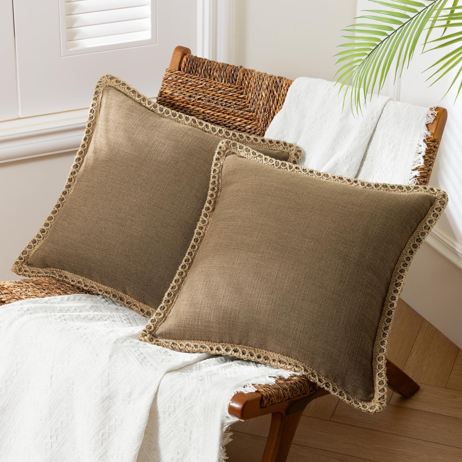 Phantoscope Pack of 2 Farmhouse Decorative Solid Throw Decorative Pillow Cover Burlap Linen Trimmed Tailored Edges Coffee 18 x 18 inches, 45 x 45 cm