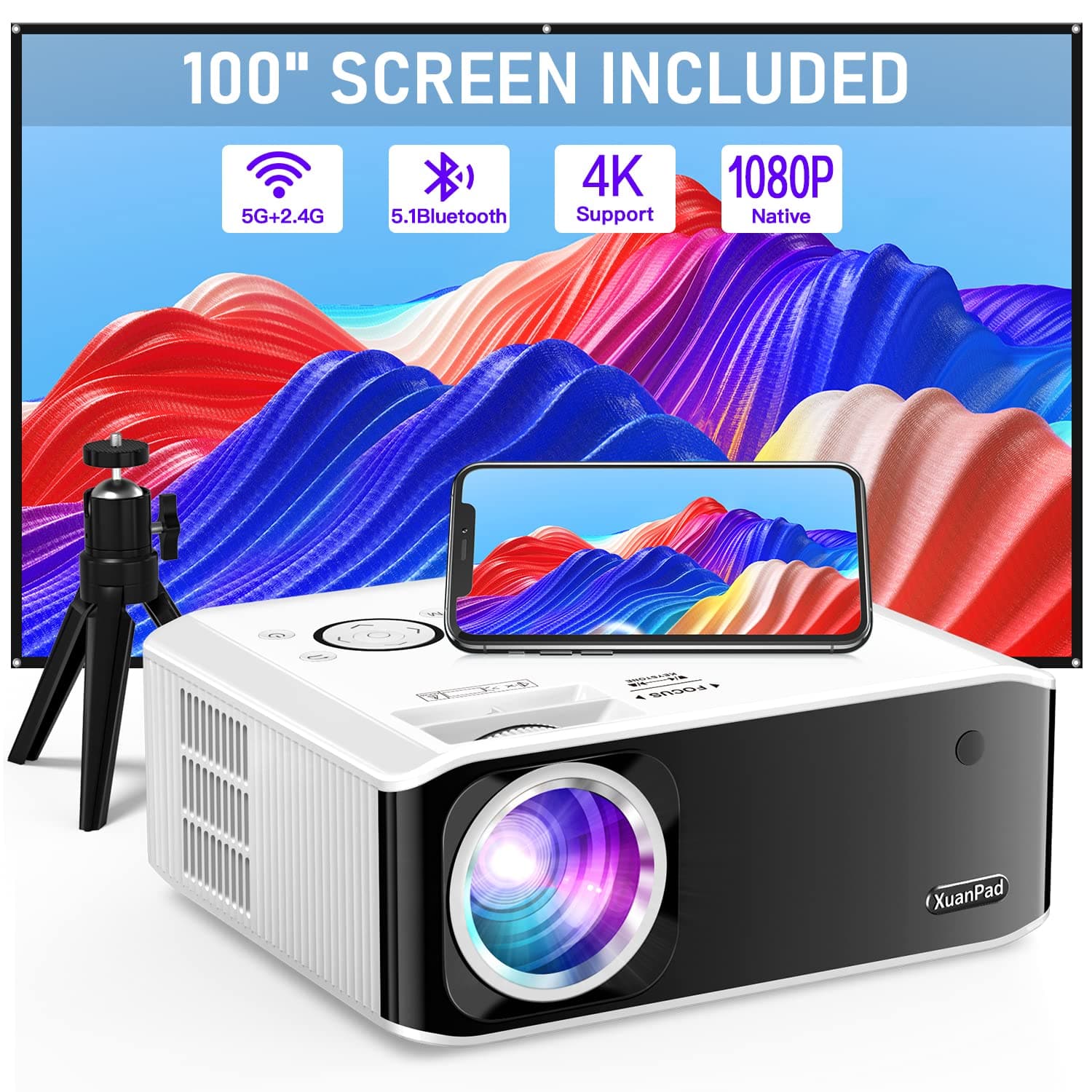 [Electric Focus & Android OS] XuanPad Mini Projector with WiFi and Bluetooth, 4K 1080P Support Portable Projector, 180°Rotatable Stand, Built-in 8000+APPS, Dust Removal and Heat Dissipation Design