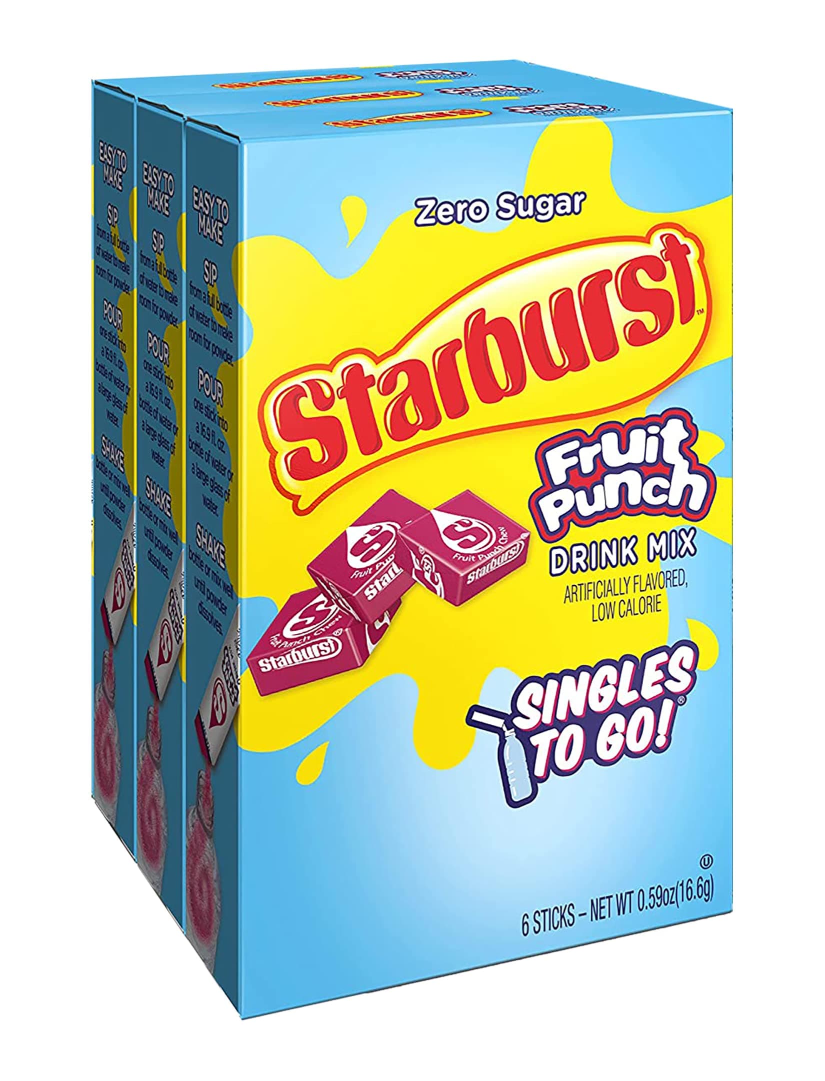 Starburst Go Powdered Drink Mix, Fruit Punch, 3 Boxes with 6 Packets Each - 18 tal Servings, Sugar-Free Drink Powder, Just Add Water, 6 count (Pack of 3)