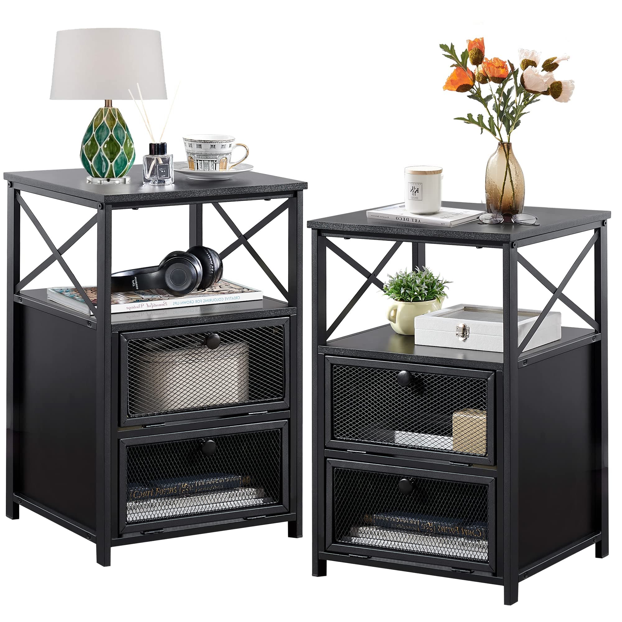 VECELO Modern Night Stand, End Side Table with Storage Space and Door, Nightstands with Flip Drawers for Living Room,Bedroom,Lounge,Set of 2, Black