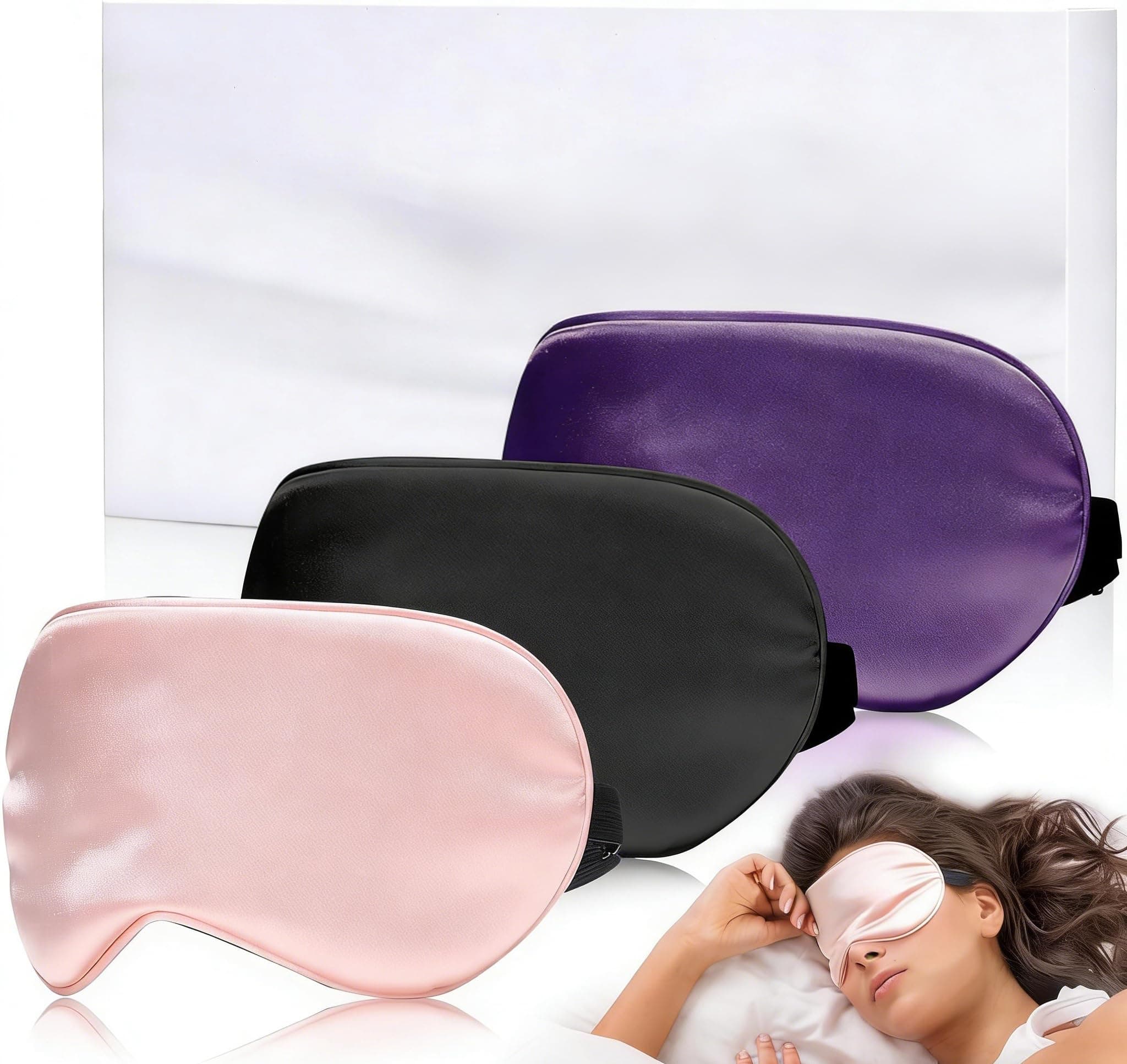 Eye Mask for Sleeping,3 Pack Silk Sleep Masks for Women Men-Blindfold for Travel on Airplane,100% Pure Silk Eye Mask for Sleep with Adjustable Strip（Black-Pink-Purple）