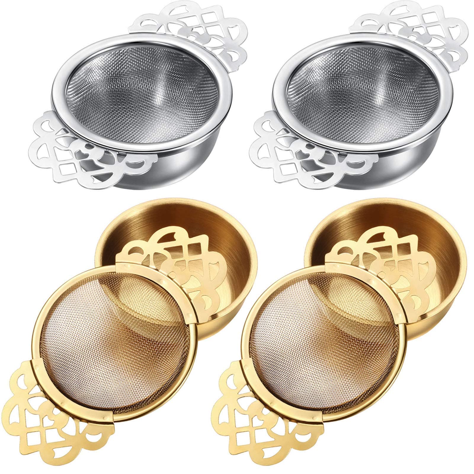 Hotop Empress Tea Strainers with Drip Bowls, Mesh Tea Infuser Stainless Steel Loose Leaf Residue Filter with Handles for Better Residue Experience(4 Pieces,Silver and Gold)