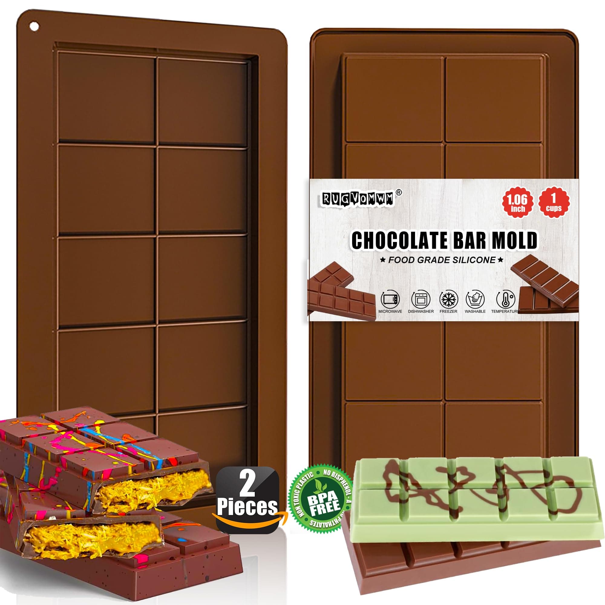 2 Pack Deep Chocolate Bar Molds Silicone,Large Stuffed Dubai Pistachio Deep Bar Moulds Kit 1 Inch Thick Big，for Homemade Making Bar Candy Bar Bpa Free DIY.