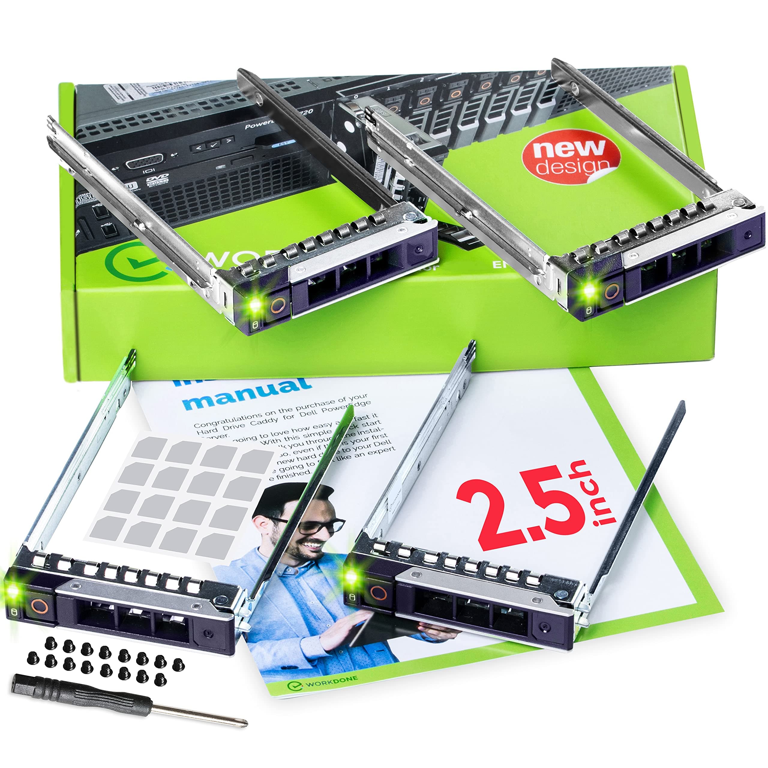 - WORKDONE 4-Pack - 2.5" Hard Drive Caddy - Compatible for Dell PowerEdge Servers - 14th Gen R440 R640 R740 R740xd R840 R940 R6415 R650xs - Bright LED SSD SAS SATA NVMe Tray - Setup with Manual