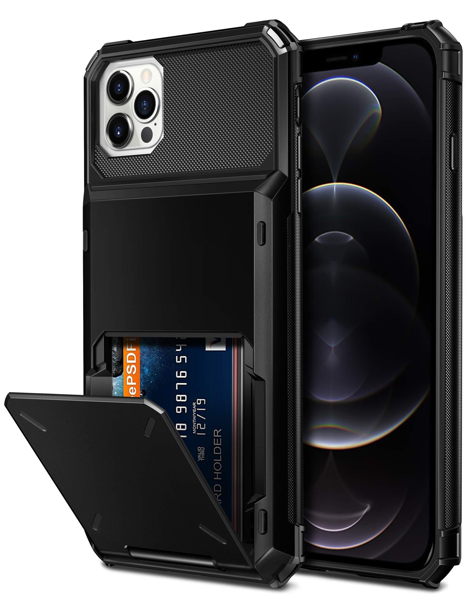 VofolenCompatible with iPhone 12 Pro Max Case 5G Wallet 4-Card ID Slot Credit Card Holder Flip Hidden Pocket Dual Layer Hybrid TPU Bumper Armor Protective Hard Shell Back Cover Black