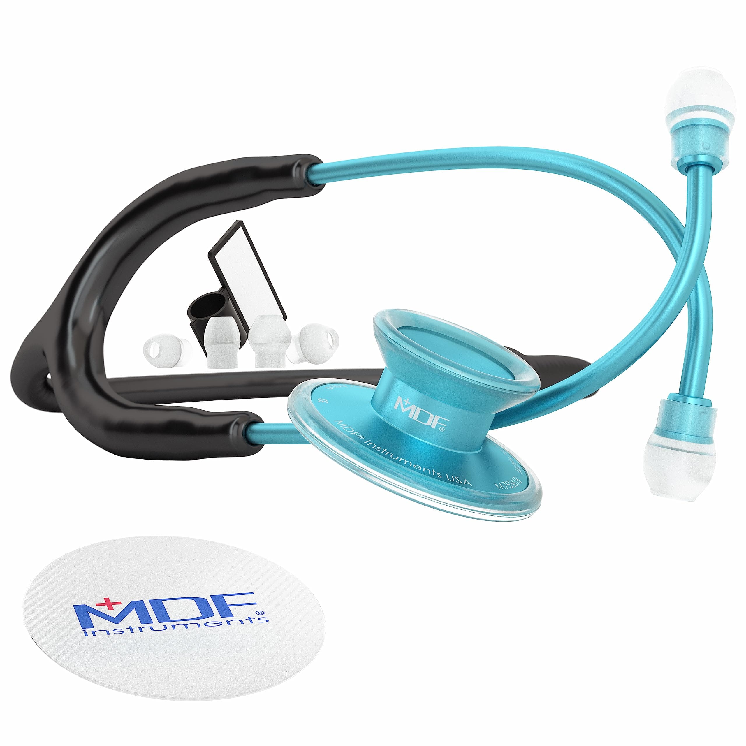 MDF Instruments, Acoustica Lightweight Stethoscope for Doctors, Nurses, Students, Home Health Use, Adult, Dual Head, Black Tube, Aqua Chestpiece-Headset, MDF747XPAQ11