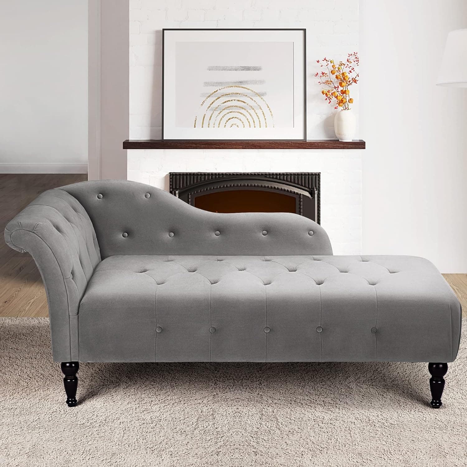 60.6 Inch Upholstered Chaise Lounge with Left Armrest, Button Tufted Lounge Sofa, Velvet Button-Tufted Chaise Lounge Chair Leisure Sofa Chaise Chair for Bedroom, Living Room and Office, Light Gray