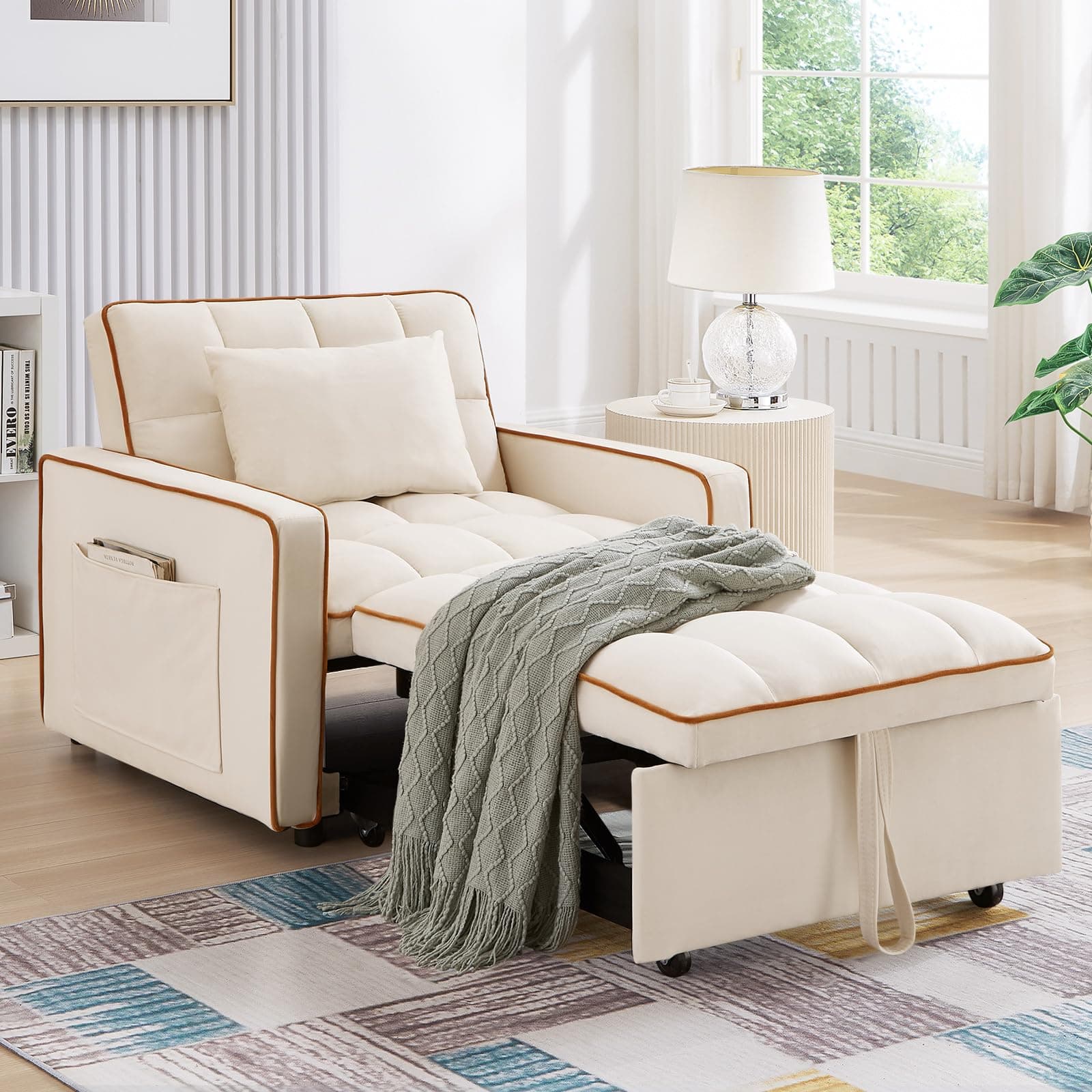 Convertible Sleeper Chair Bed, 3 in 1 Modern Velvet Pull Out Sofa Bed, Small Tufted Single Sleeper Chair with Adjustable Backrest/Pillow for Living Room, Small Spaces, Apartment, Office, Beige