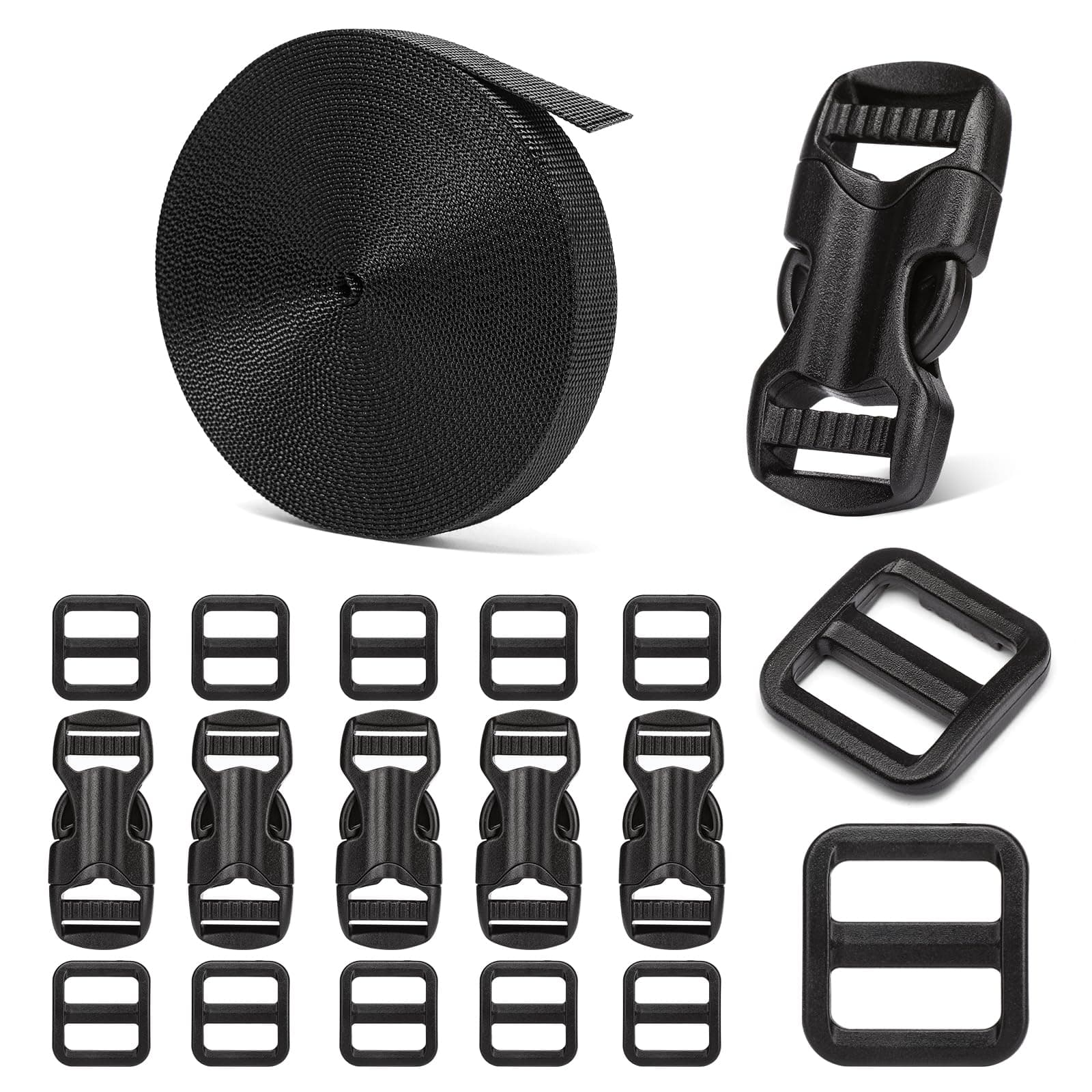 BEYOURD 5/8" Buckle and Strap Set: 6 Yards of Thick Nylon Webbing, 6 Pack Quick Side Release Adjustable Plastic Buckles, 12 Tri-Glide Slide Clips, Black (5/8 Inch Combo Set)