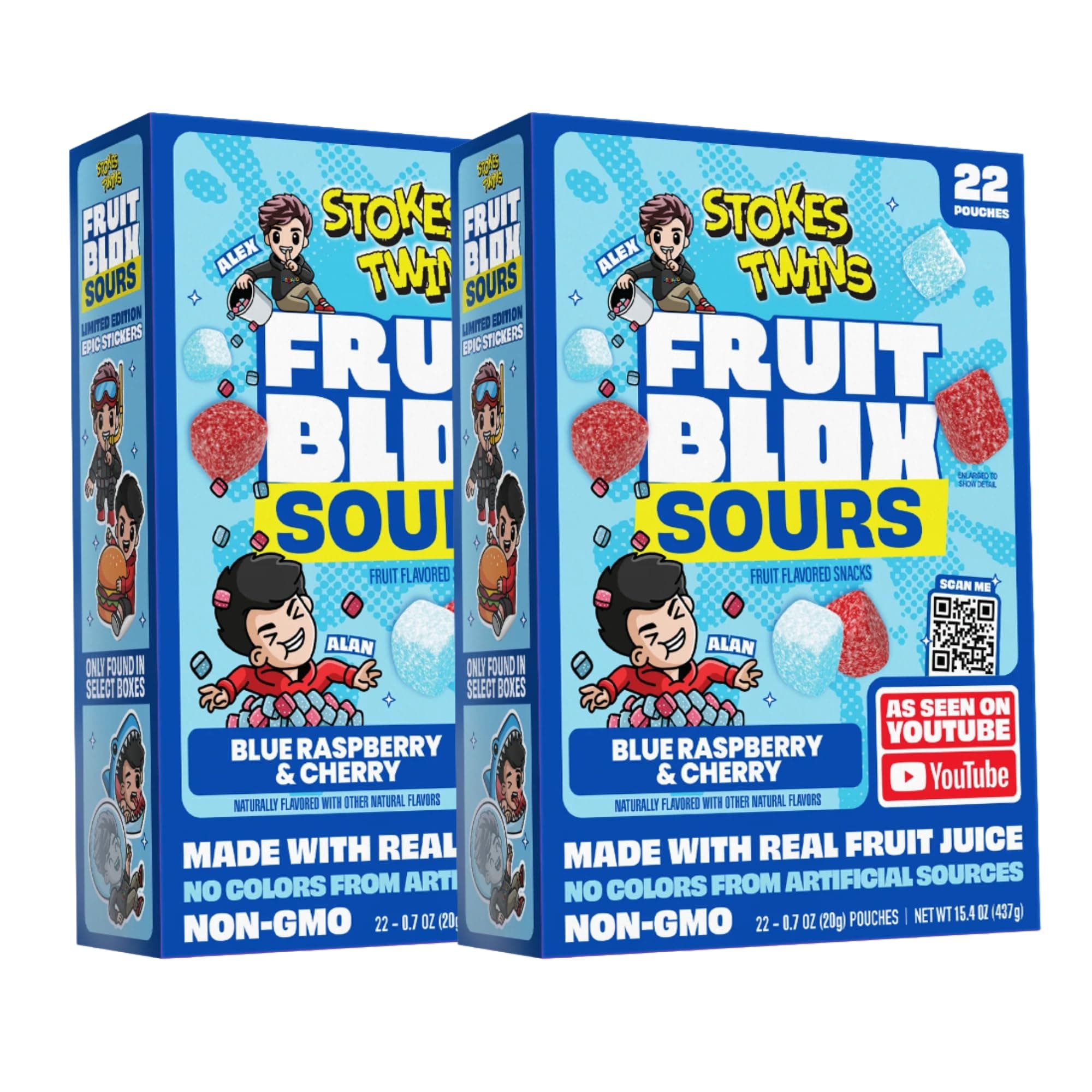 Fruit Blox Sours Blue Raspberry & Cherry Fruit Snacks, 2 Boxes of 22 Pouches, Non-GMO, Made with Real Fruit Juice (Blue Raspberry & Cherry)