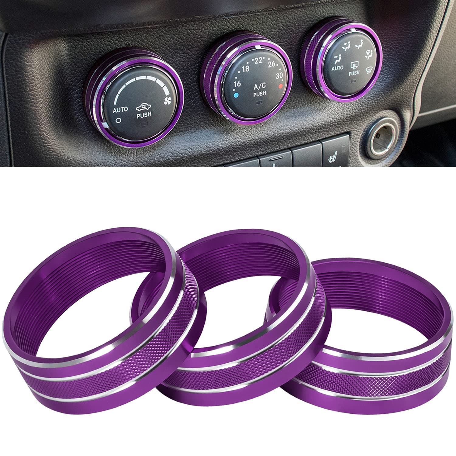 Audio Air Conditioning Button Cover Decoration Twist Switch Ring Trim for Jeep Wrangler JK JKU Patriot 2011-2018, Compass 11-16, Liberty 08-12, Dodge Challenger 08-14 Interior Accessories (Purple)