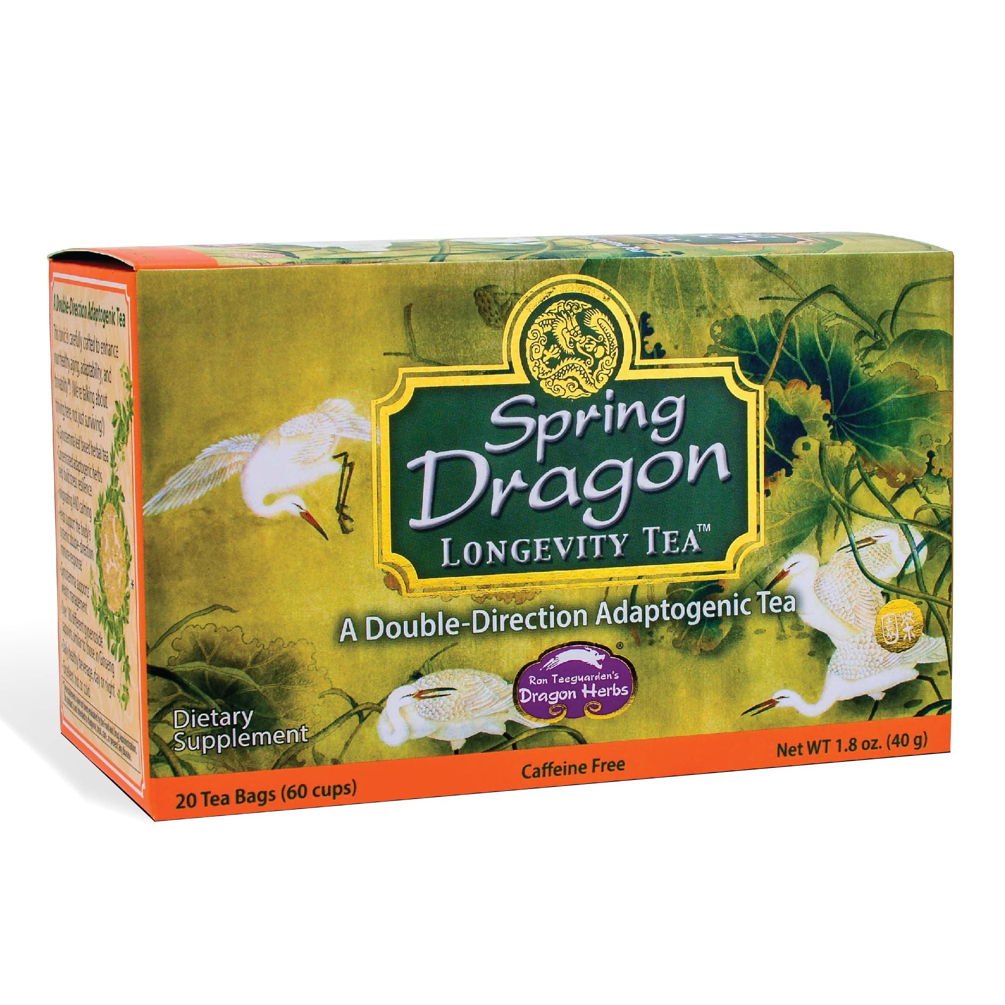 Dragon Herbs Spring Dragon Longevity Tea - Adaptogenic Gynostemma Leaf Herbal Tea Infused with Schizandra Berry, Goji Berry, Astragalus Root, Eleuthero Root, Luo Han Guo Fruit – Immune Support, Calming, Invigorating, Energy, Soothing, Digestion Support, Caffeine Free - 20 Individually Wrapped Bags, Makes 60 servings