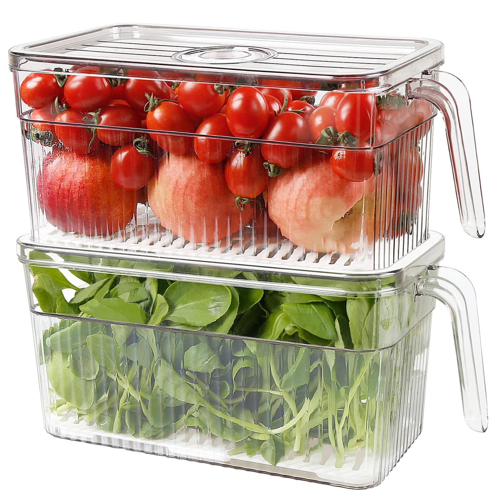 Loobuu 2 Pack Plastic Food Storage Produce Containers for Fridge, Stackable Lettuce Keeper for Refrigerator with Removable Drain Tray Keep Fresh for Vegetables/Fruit/Berry/Salad - 10'' x 5.3'' x 5.2''