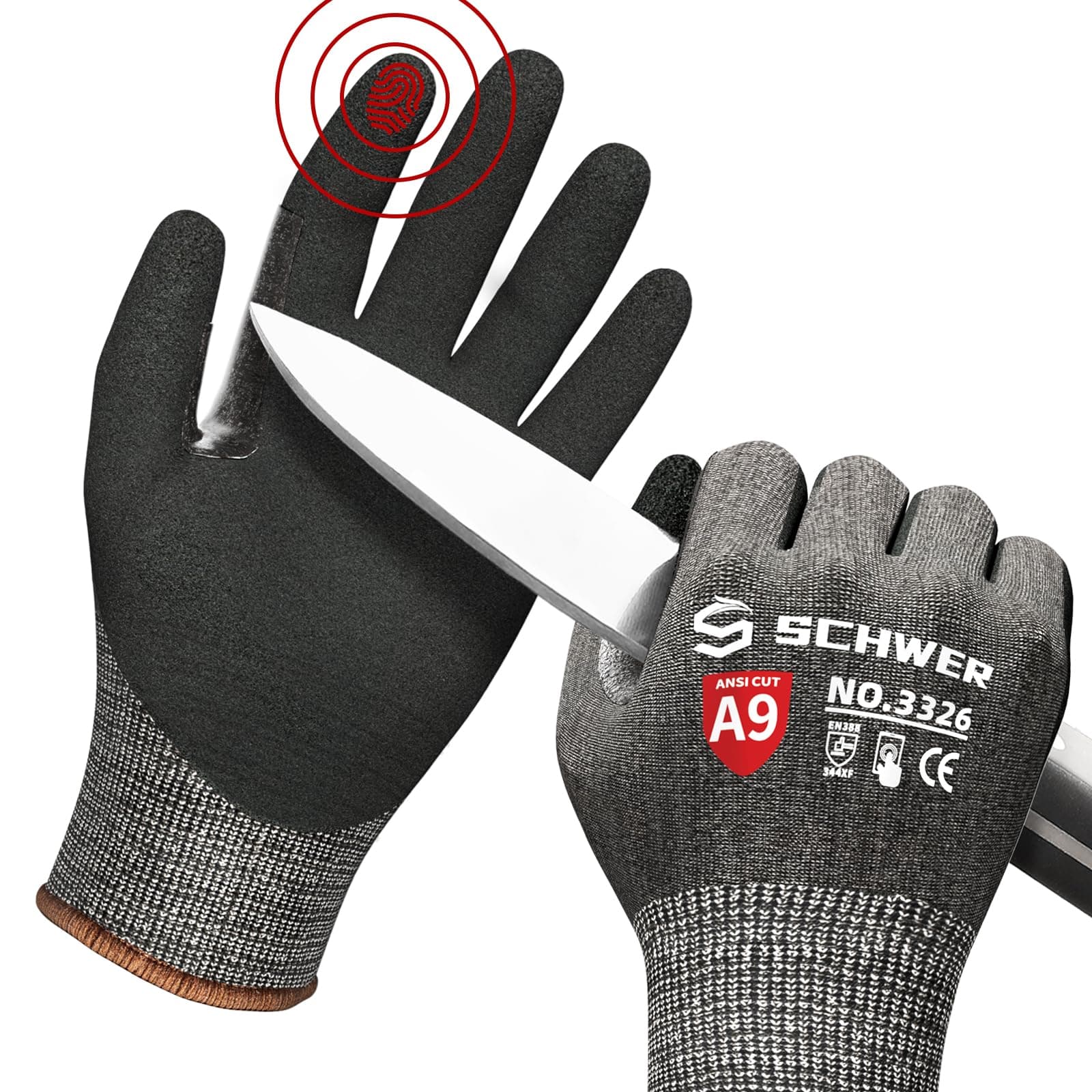 Schwer ProGuard Highest Level Cut Resistant Work Gloves PR3326 for Extreme Protection,ANSI A9 Cut Gloves with Reinforced Thumb, Non Slip, Breathable, Durable, Touch-screen, PFAS Free, Black 1 Pair(M)