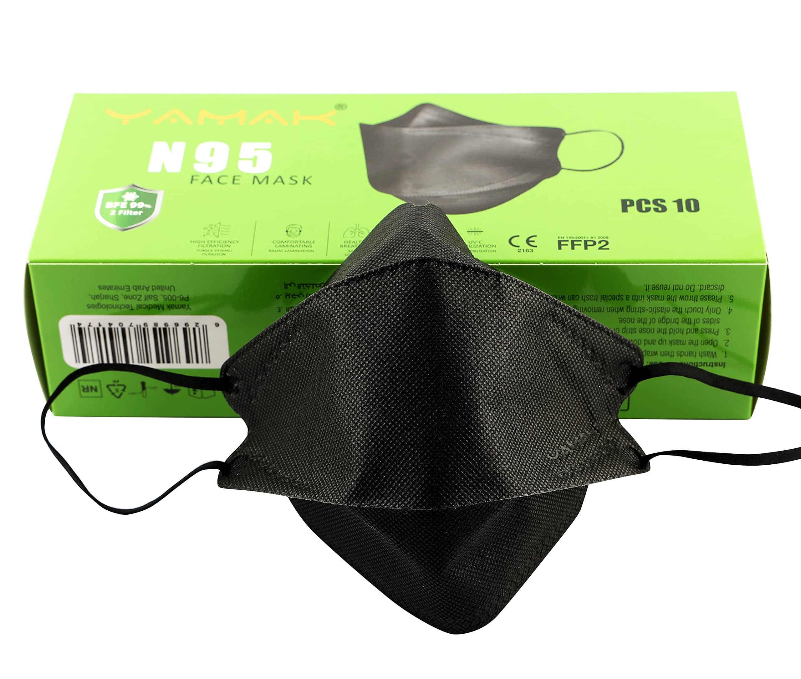 YAMAK Disposable Face Mask Certified With Efficient 5 layer filter system, Infection Prevention, 10 Pcs/Box, Black