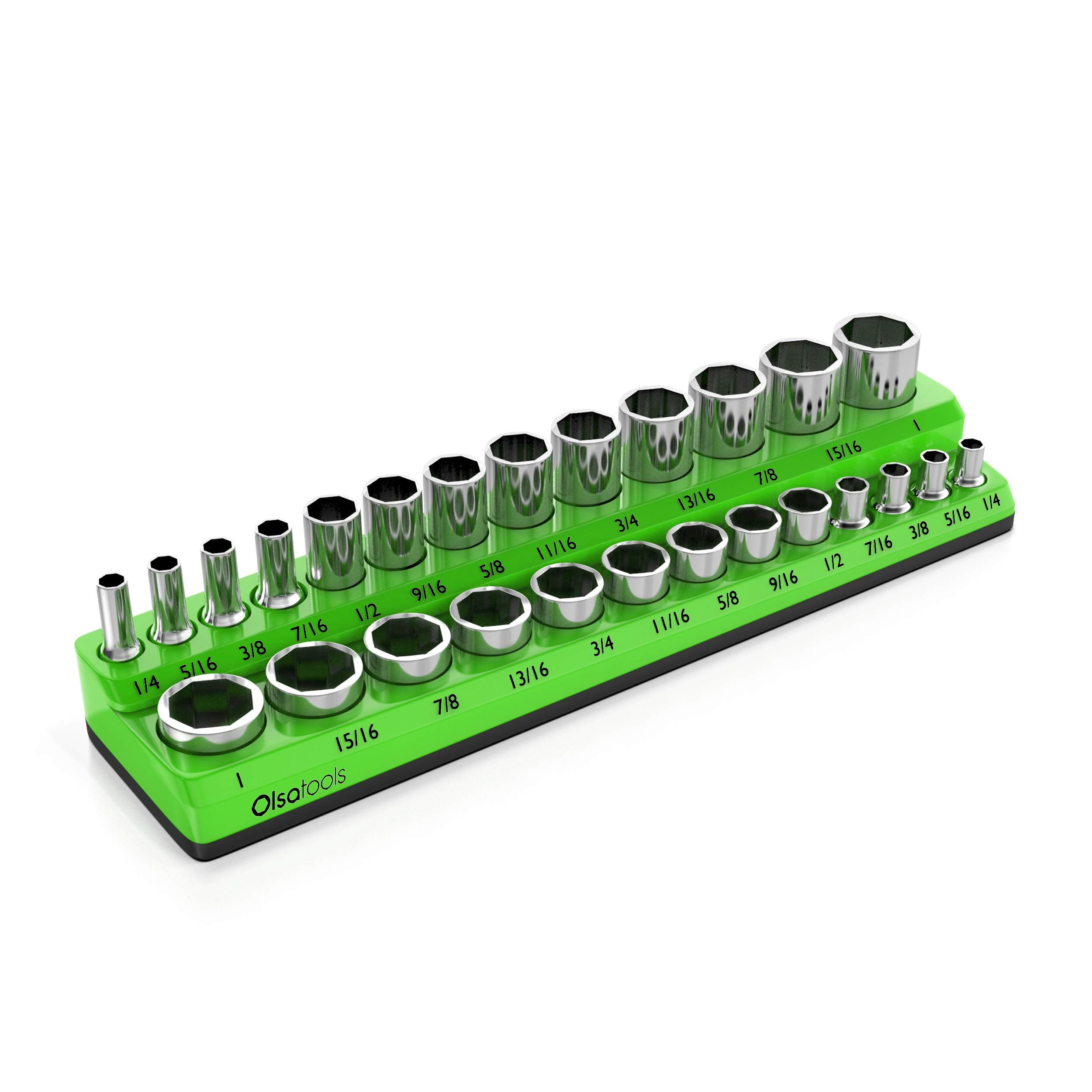 Olsa Tools Magnetic Socket Organizer | 3/8-inch Drive | SAE | Green | Holds 26 Sockets | Professional Quality Tools Organizer