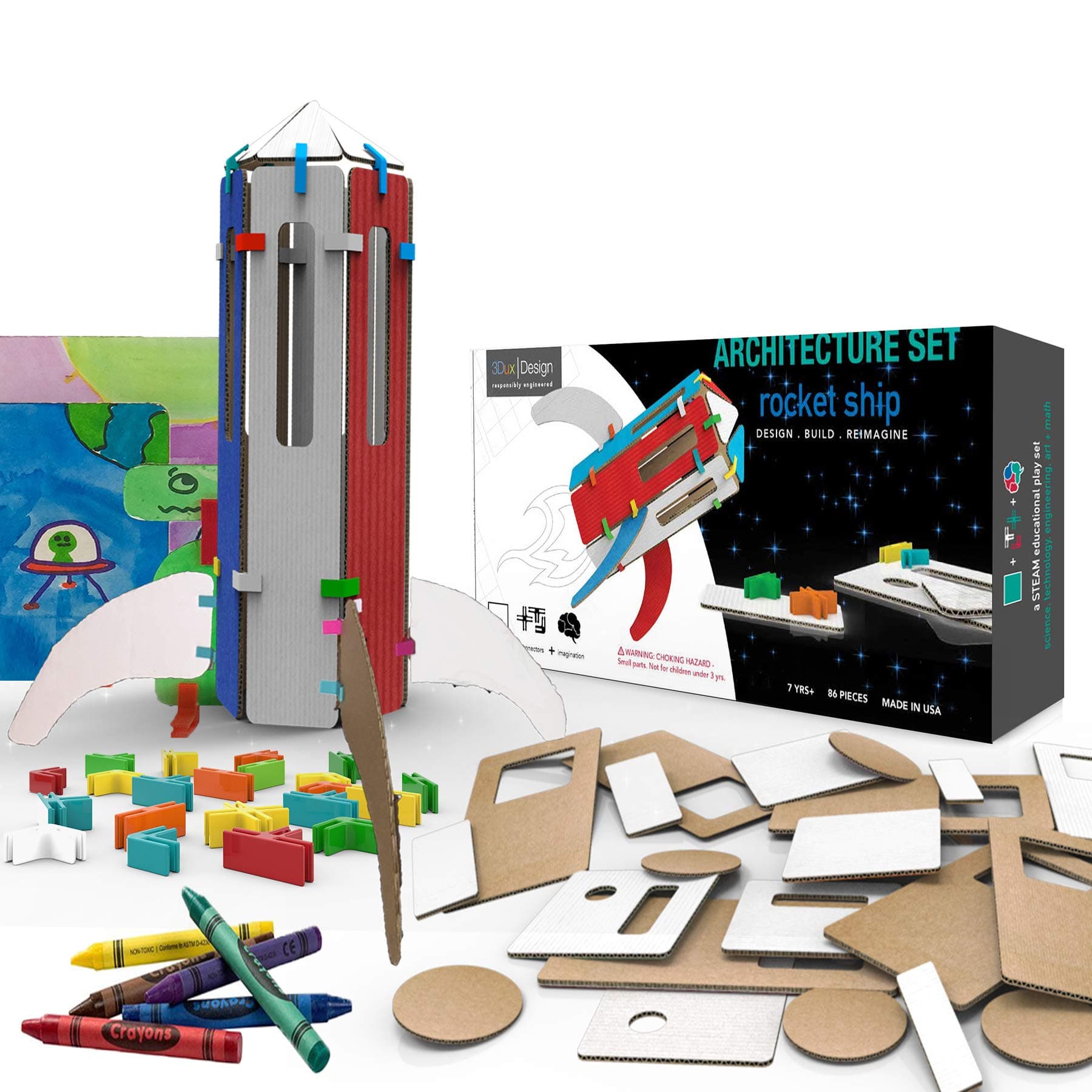 3DuxDesign Rocket Ship Architecture Set - DIY Design, Build & Paint Toy for Kids STEAM Education - 88 Easy to Assemble and Reusable Pieces to Make Rocket, Martian and Scene - Open Ended Creative Play