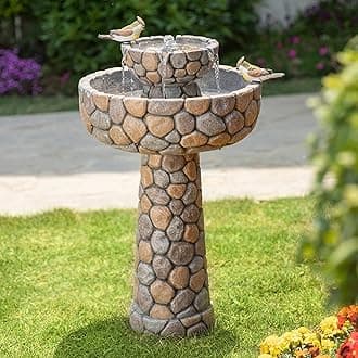 Glitzhome 2-Tier Stone Like Outdoor Water Fountain with Birds, Bird Bath Outdoor Waterfall Fountain Decor, Freestanding Water Fountains with Pump for Garden Yard Patio Porch, 24.41”H