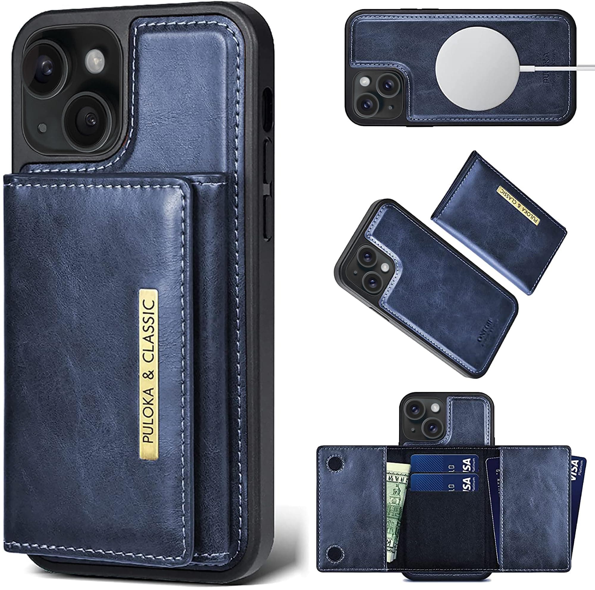 PULOKA Wallet Back Case - Compatible with iPhone 15 Plus - Vegan Leather Phone Cover - Detachable Card Holder Case with Kickstand - Shockproof, Anti Scratch & Raised Edges for Protection - Blue