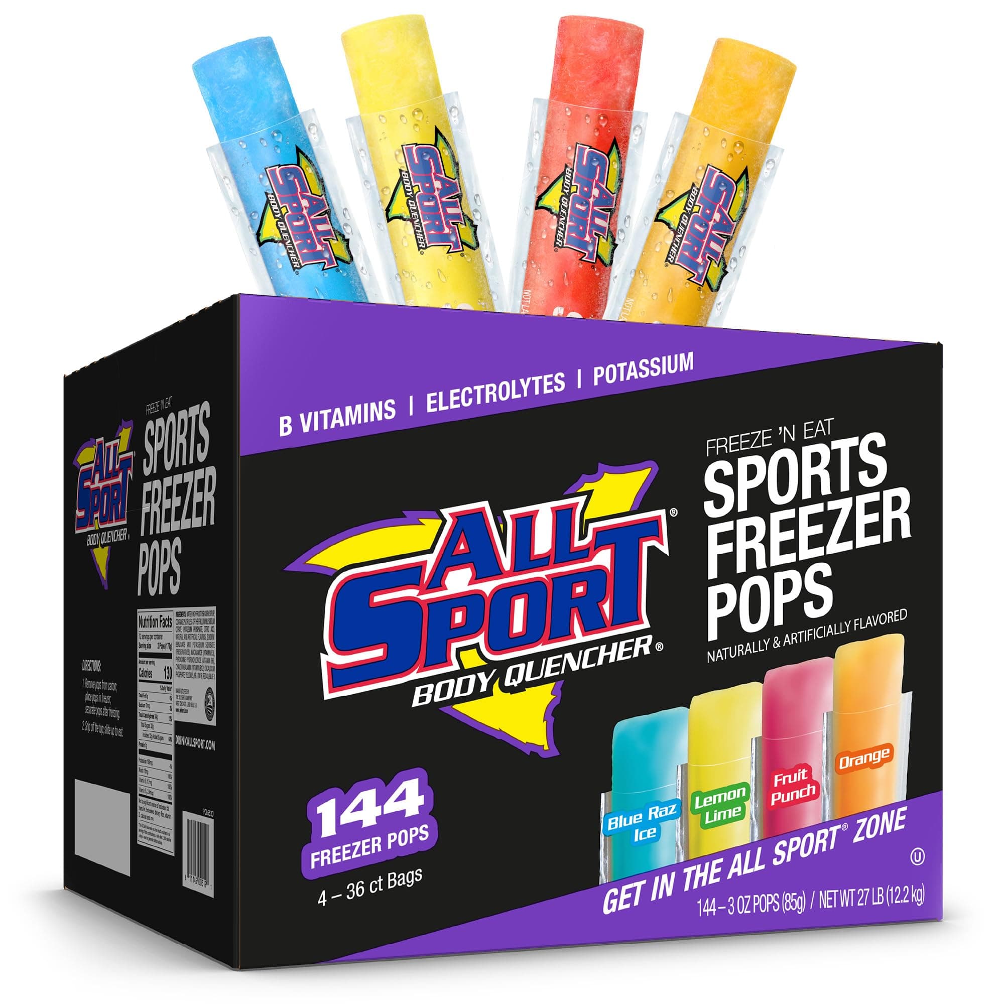 Freezer Pops, Giant Sized 3oz, 144 CT, Refreshing Ice Pops with Electrolytes, B Vitamins & Potassium –Blue Raz Ice, Lemon Lime, Fruit Punch & Orange