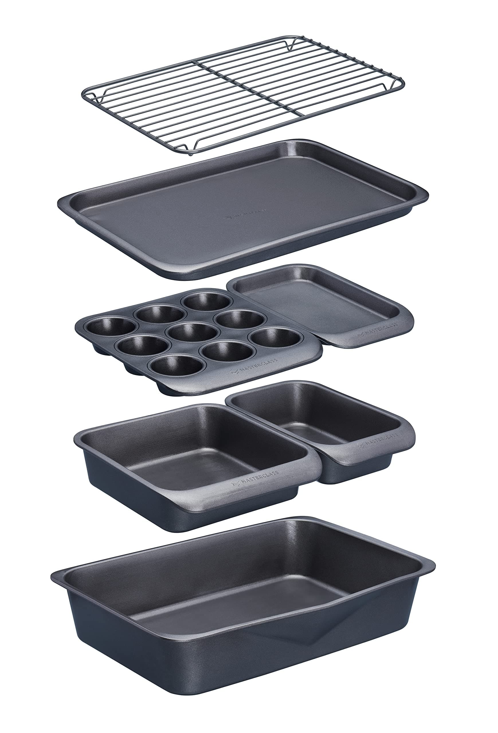 MasterClass Smart Space Stacking PTFE, PFOA and BPA Free Non-Stick Bakeware Set, 7 Piece Baking Trays, Gift Boxed, Grey