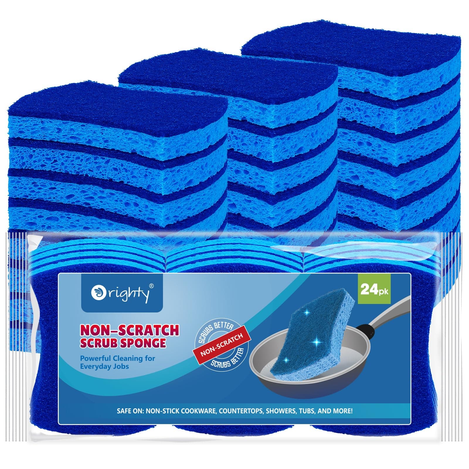 Orighty Non-Scratch Cellulose Scrub Sponges 24 Pack, Kitchen Sponges for Kitchen, Bathroom, and Household, Dual Side Sponge for Dishes, Non-Scratch Sponge Safe on Non-Stick Cookware, Car and More