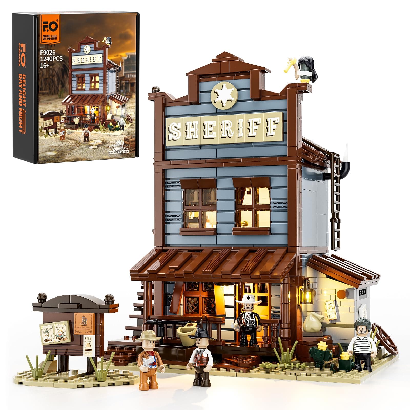 Funwhole Sheriff's-Office Lighting Building-Bricks Set - The Old West Sheriff's Office LED Light Construction Building Model Set 1240 Pcs for Adults and Teen