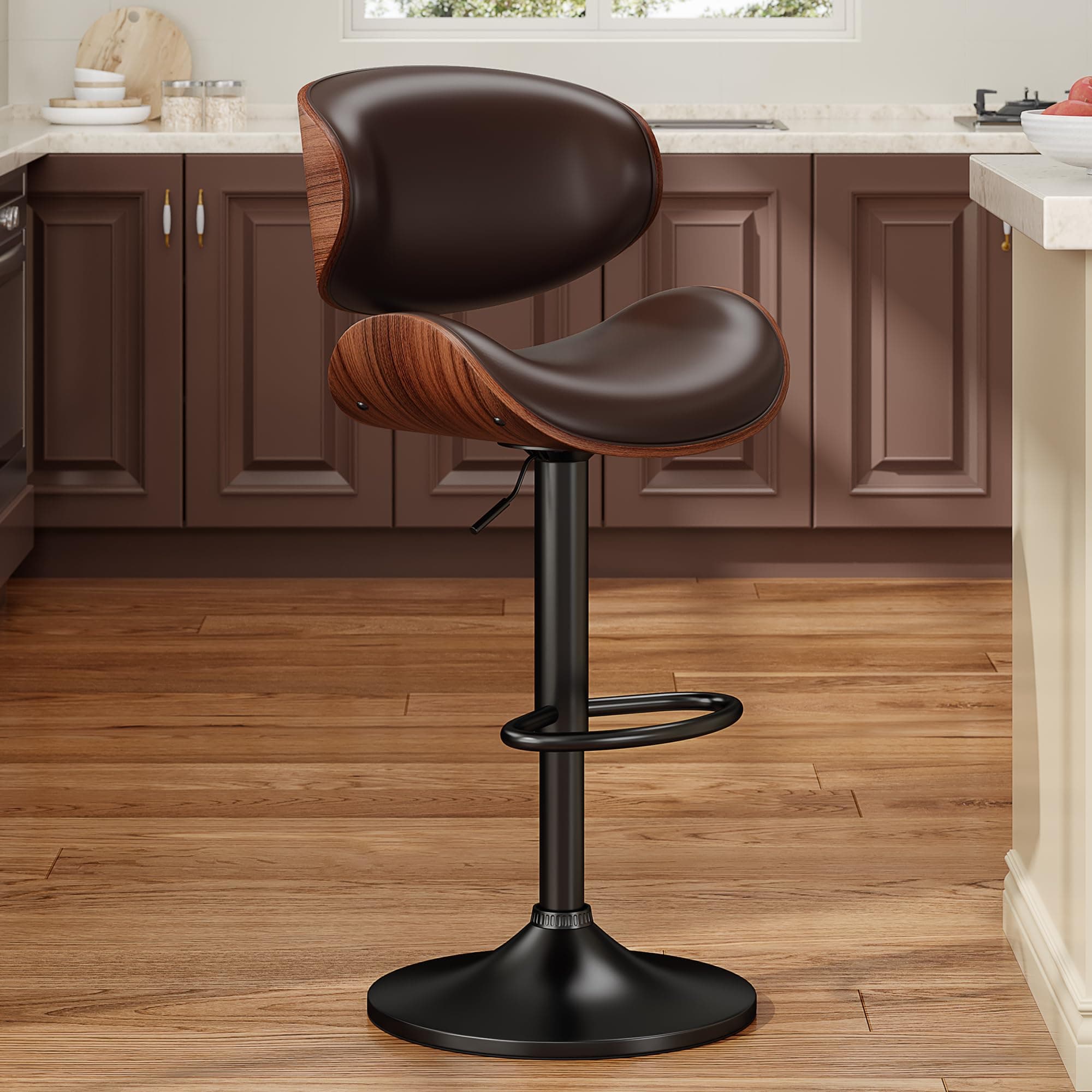 YaFiti Swivel Bar Stools for Kitchen Counter, Adjustable Bentwood Barstools, Modern PU Leather Upholstered Bar Stool with Back and Footrest, for Bar, Kitchen, Dining Room (Brown 1PCS)