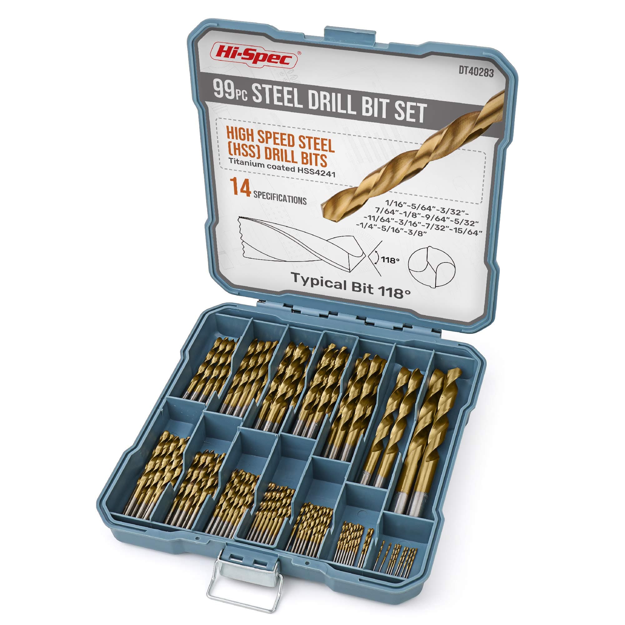 Hi-Spec Tools Drill Bit Set 99pc SAE HSS Steel for Drill Drivers - 1/16 to 3/8" Drill Bits for Metal, Plastics, Wood, Drywall - Complete Bits Sets with Storage Holder Case