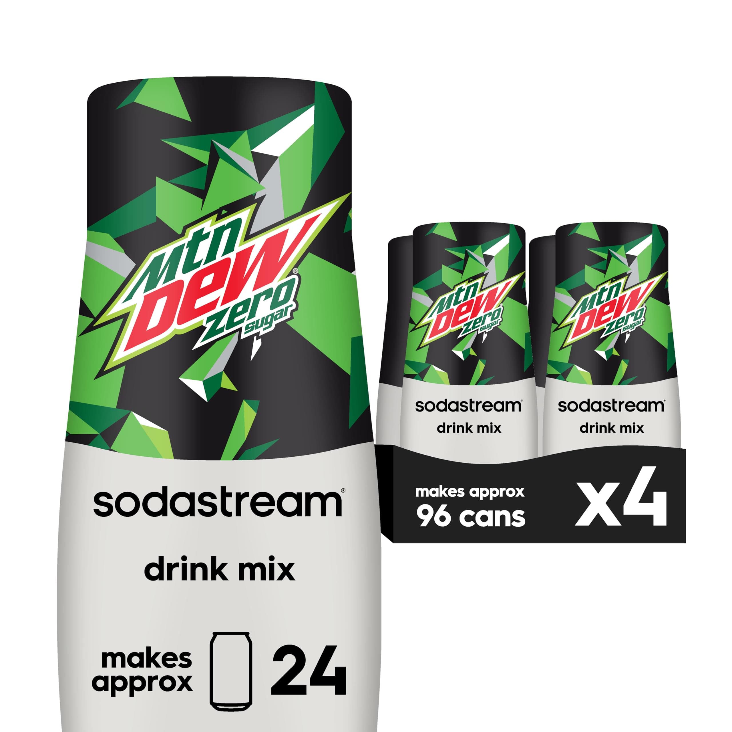 Mountain Dew Zero Sugar Drink Mix | For Sparkling Water Makers | Sugar-Free, 0 Calories | Caffeine: 48mg/12oz | Makes 96 Servings | 14.9 Fl Oz, Pack of 4