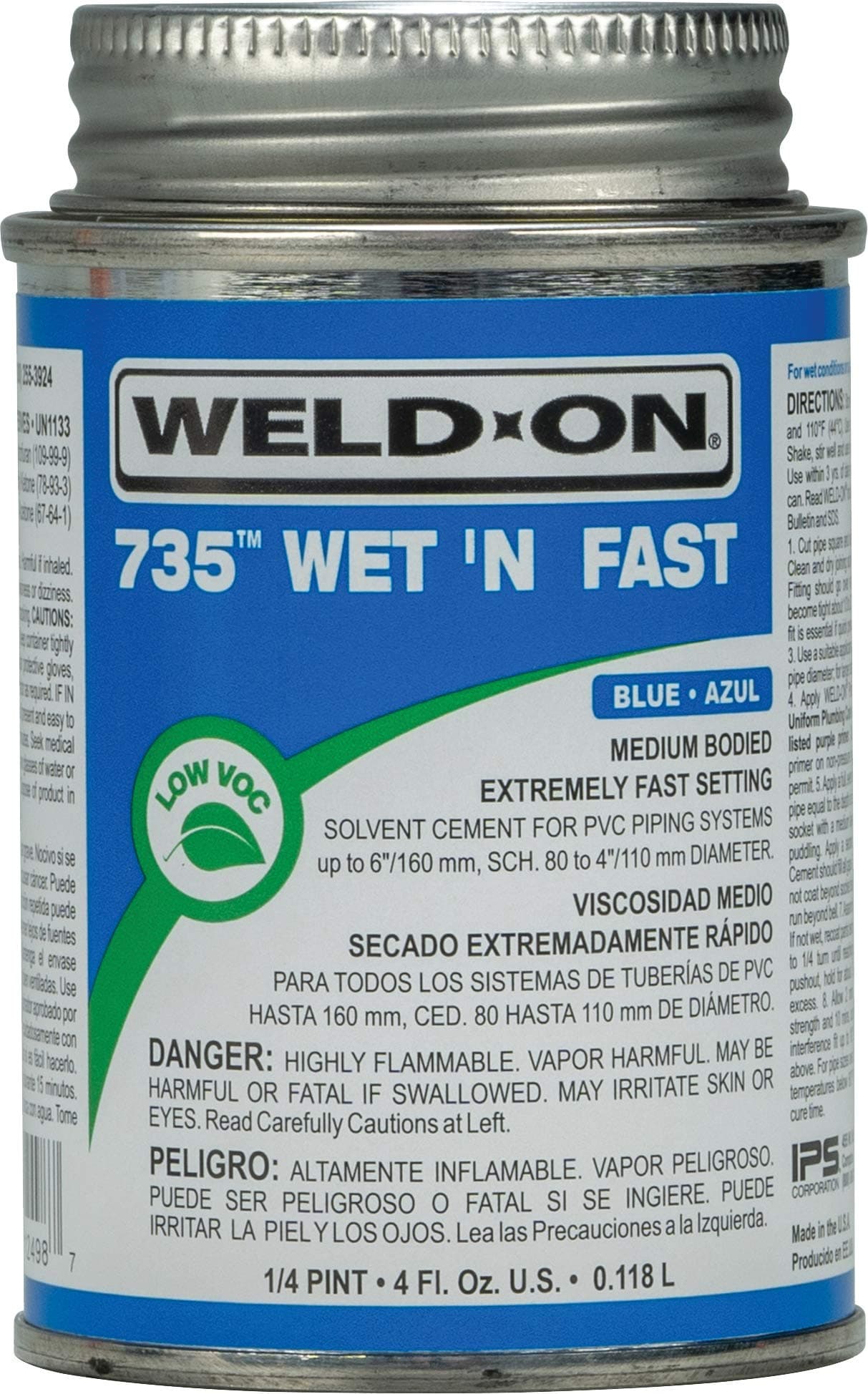 12498 735 Wet 'N Fast Medium-Bodied High Strength PVC Cement - Extremely Fast Setting and Low-VOC, Blue, 1/4 Pint (4 fl oz)
