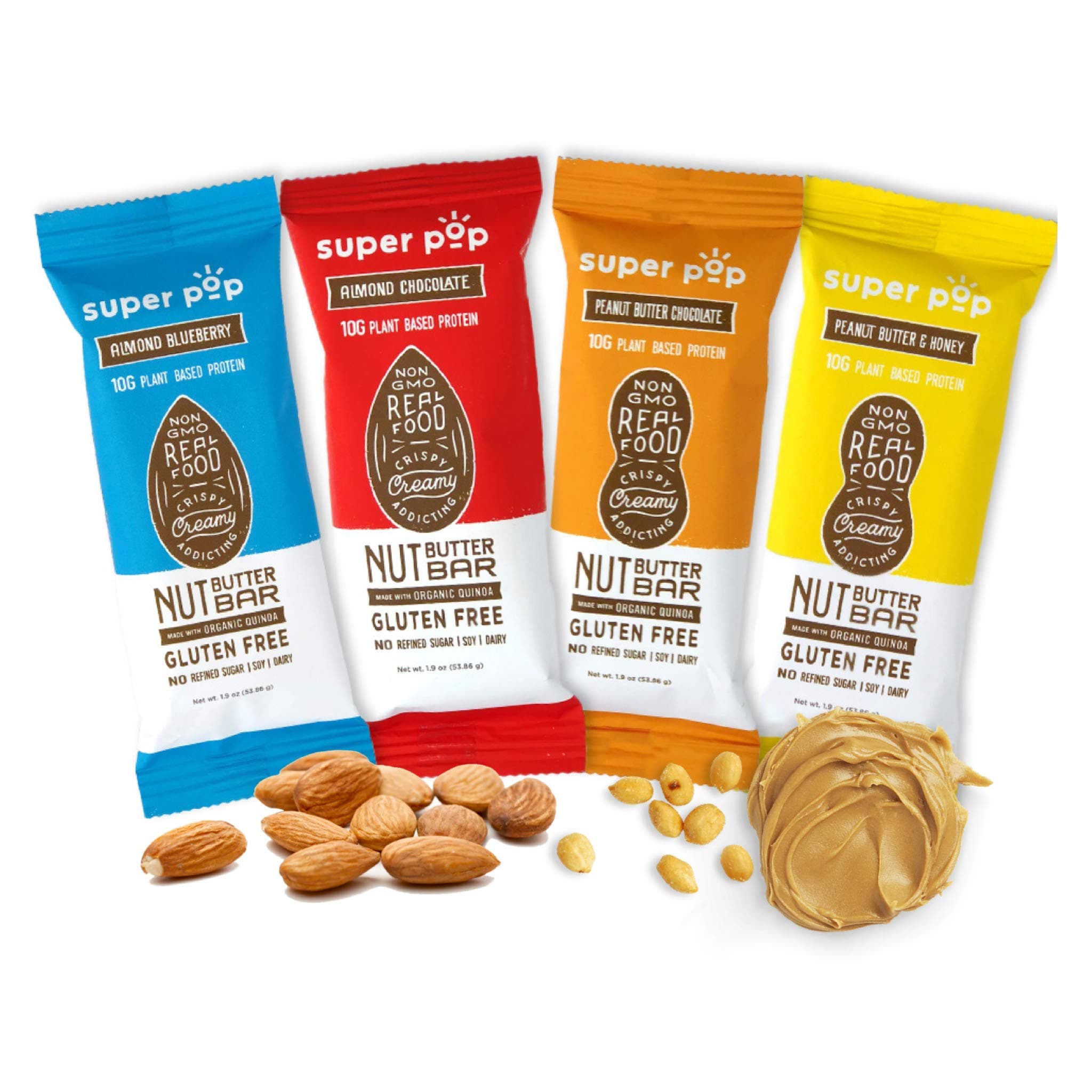 Super Pop Snacks, Clean Plant Based Protein Bars, All-Natural Nut Butter Bars With Organic Whole Foods, Delicious, Meal Replacement, Gluten Free, Soy Free, Dairy Free, 10g Protein, Variety Pack (8 Pack)