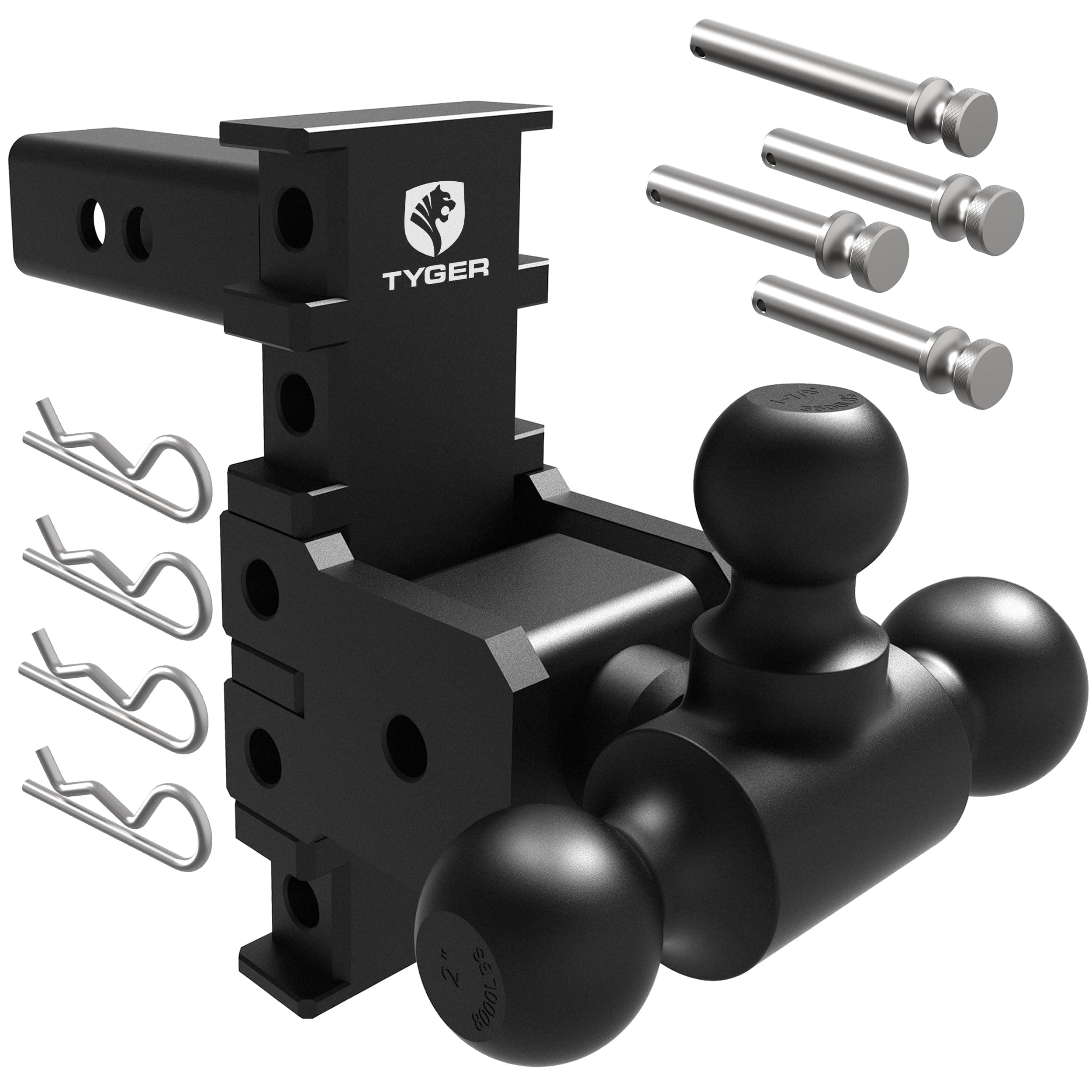 Tyger Auto Adjustable Drop Hitch Tri-Ball Mount with 1-7/8", 2" and 2-5/16" Towing Balls | Fits 2" Receivers | EZ-Align System | 12500 lbs GTW | Carbon Steel | Trailers Boats ATVs RVs | TG-DB6U12058