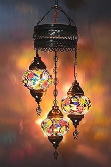 Asylove Turkish Ceiling Lamp, Mosaic Pendant Lamp Turkish Chandeliers 3 Globe Moroccan Ceiling Lighting Art Deco Brillant Fixture, 5 inc Globe - Total Dimensions 14x14x35 inch (Colorful)