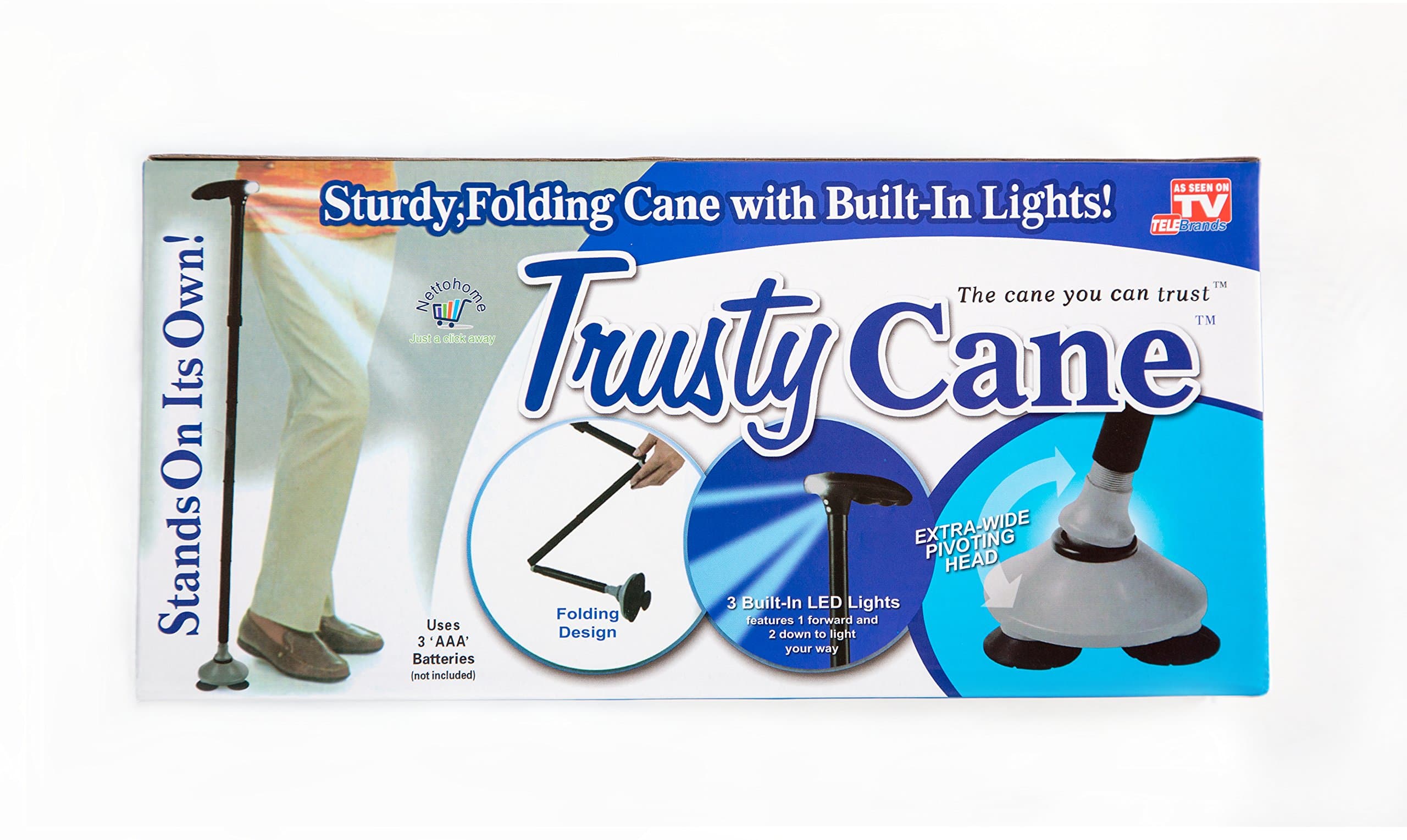 Trusty Cane adjusts folding in a hurry. Lightweight self standing for men women elderly 1.2 lbs. Mobile aid easy grip LED light for freedom independence Go Quadpad As seen on TV. Stable T handle Black