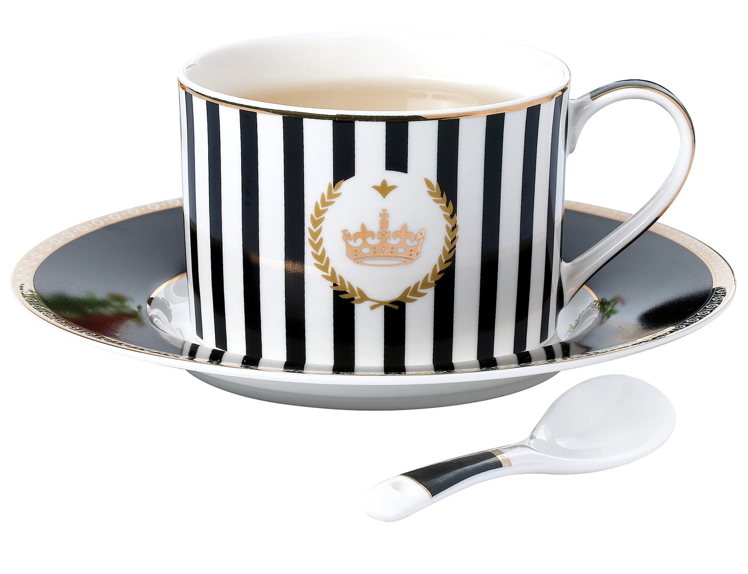 Jusalpha Modern Black and White Stripe Bone China Teacup Spoon and Saucer Set/Coffee Cup with Saucer TCS10