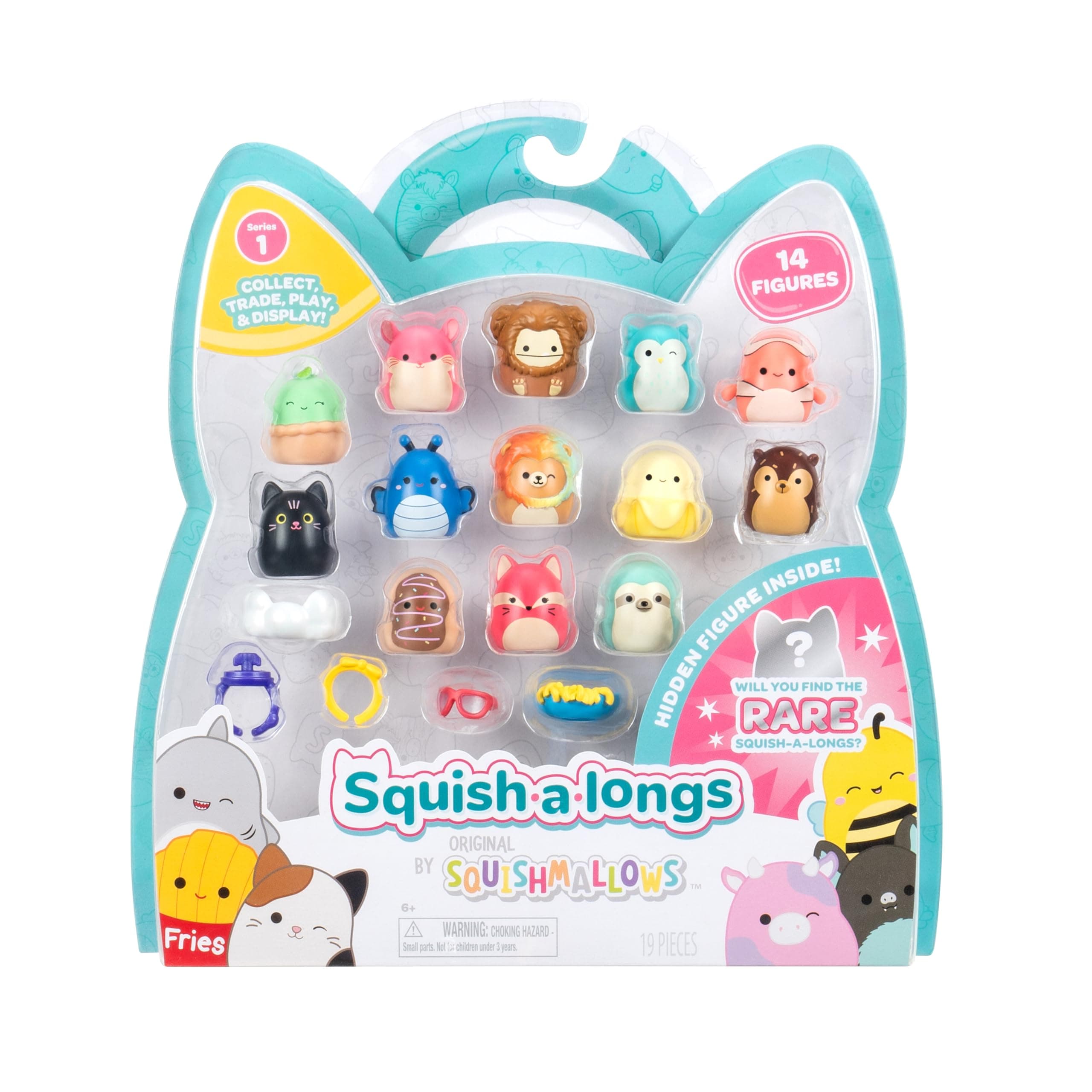 Squish-a-longs 14 Pack - Series 1 - (14) 1” Mini-Squish with 4 Accessories, Ring, and Collector’s Guide - Collect, Trade, & Play