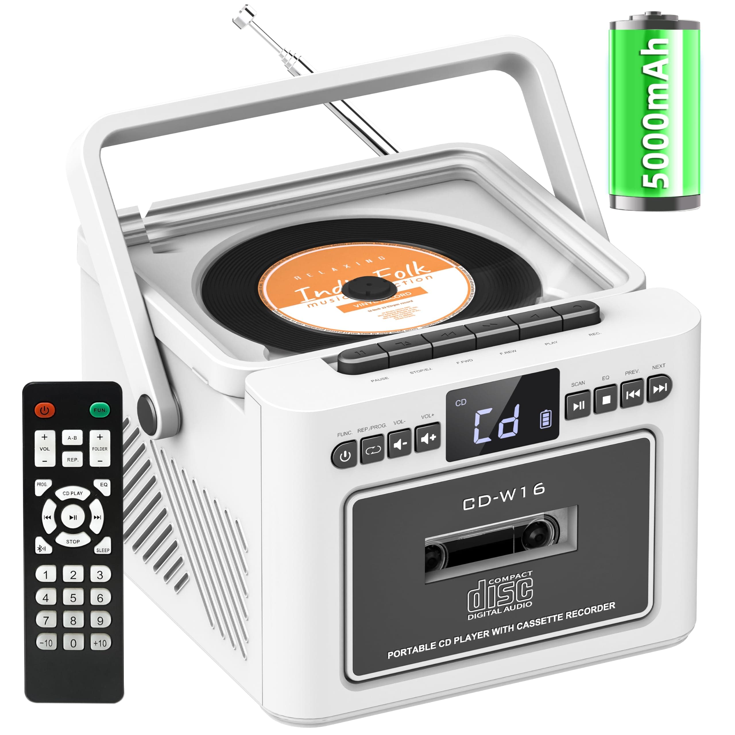 5000mAh Rechargeable Boombox CD Player with Bluetooth, CD and Cassette Player,FM Radio,Portable CD Player for Home,CD Player with Remote control,Dual Stereo Speakers, Support USB/AUX/TF Card