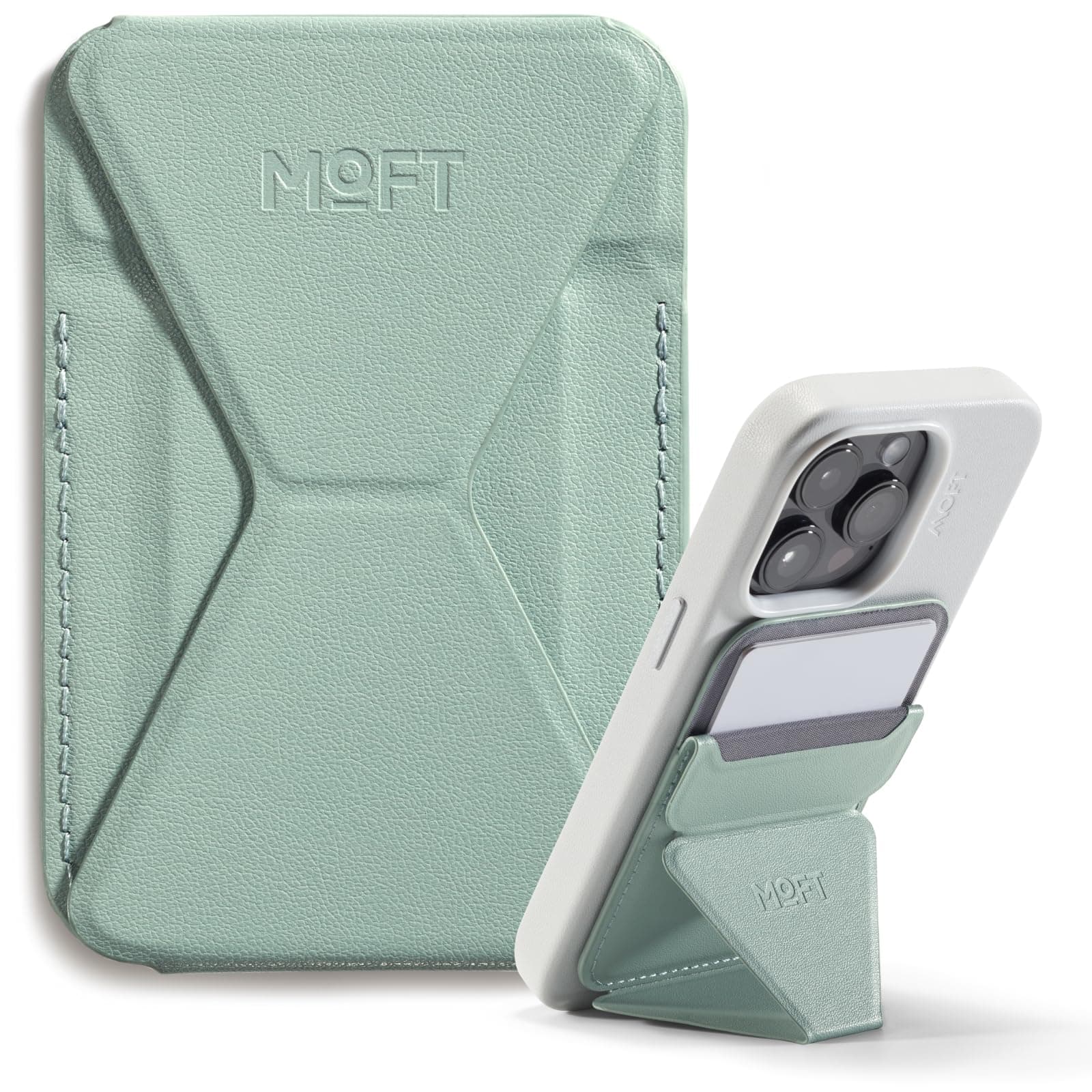 MOFT Magsafe Wallet Phone Stand Compatible with iPhone 15/14/13/12 Series, Angle Adjustment & Magnetic MOVAS Phone Stand for Desk, Magnetic Card Holder Wallet for iPhone, Seafoam