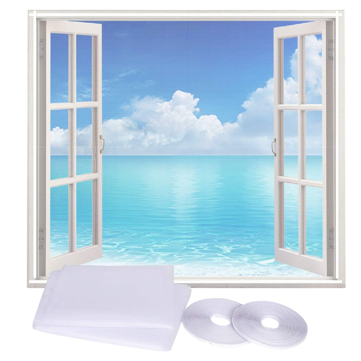 Window Screens Replacement Mosquito Screen for Window, Window Screens Adjustable with Hook and Sticky Tape (2 pack,white,DIY Screen up to 59" X 51" Max)