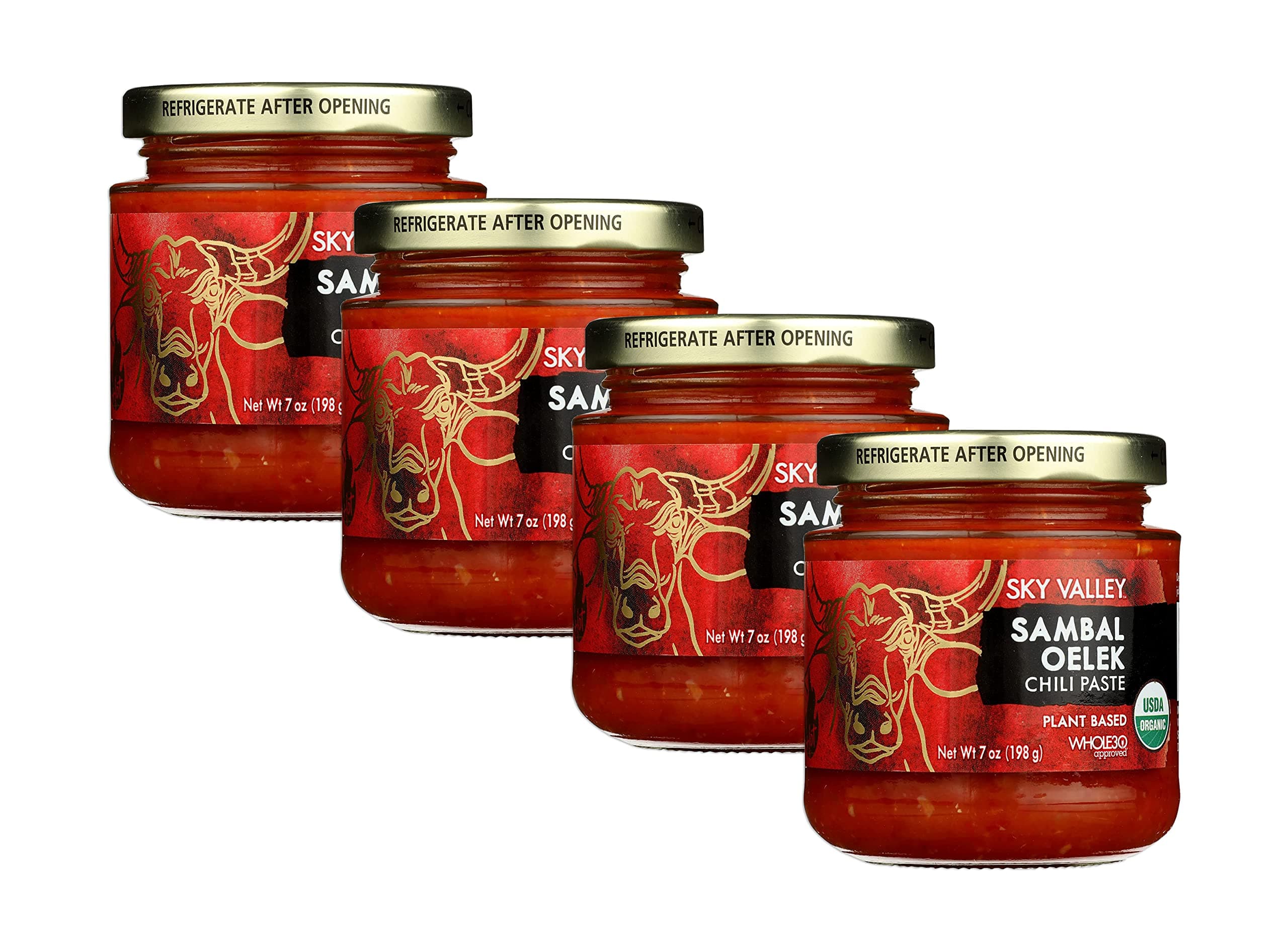 Sky Valley Sambal Oelek Chili Paste - Red Chili Paste, Made with Red Jalapenos & Garlic, Gluten Free, Vegan, Keto, Whole 30, USDA Organic, Non-GMO, Sambal Oelek Sauce, Chili Paste Asian - 7 Oz, 4-Pack