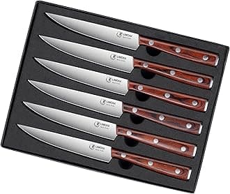 Premium Steak Knives Set of 6 in Gift Box - Polished Wood Handle, HC German Stainless Steel, Straight Edge Non Serrated - 4.8''Dinner Knife, Kitchen Tableware Knives Cutlery Set