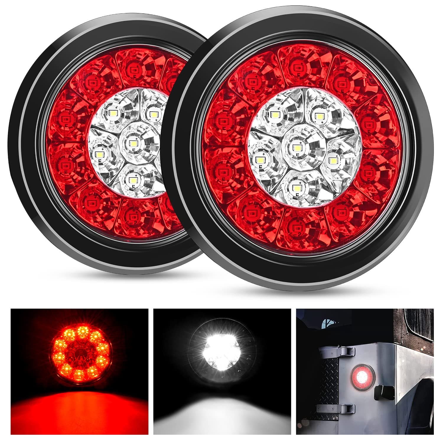 Nilight 2PCS 4 Inch Round Red White LED Trailer Tail Lights 16LEDs Flush Mount Grommets IP67 Waterproof Stop Brake Running Reverse Light for Trucks Trailers RV