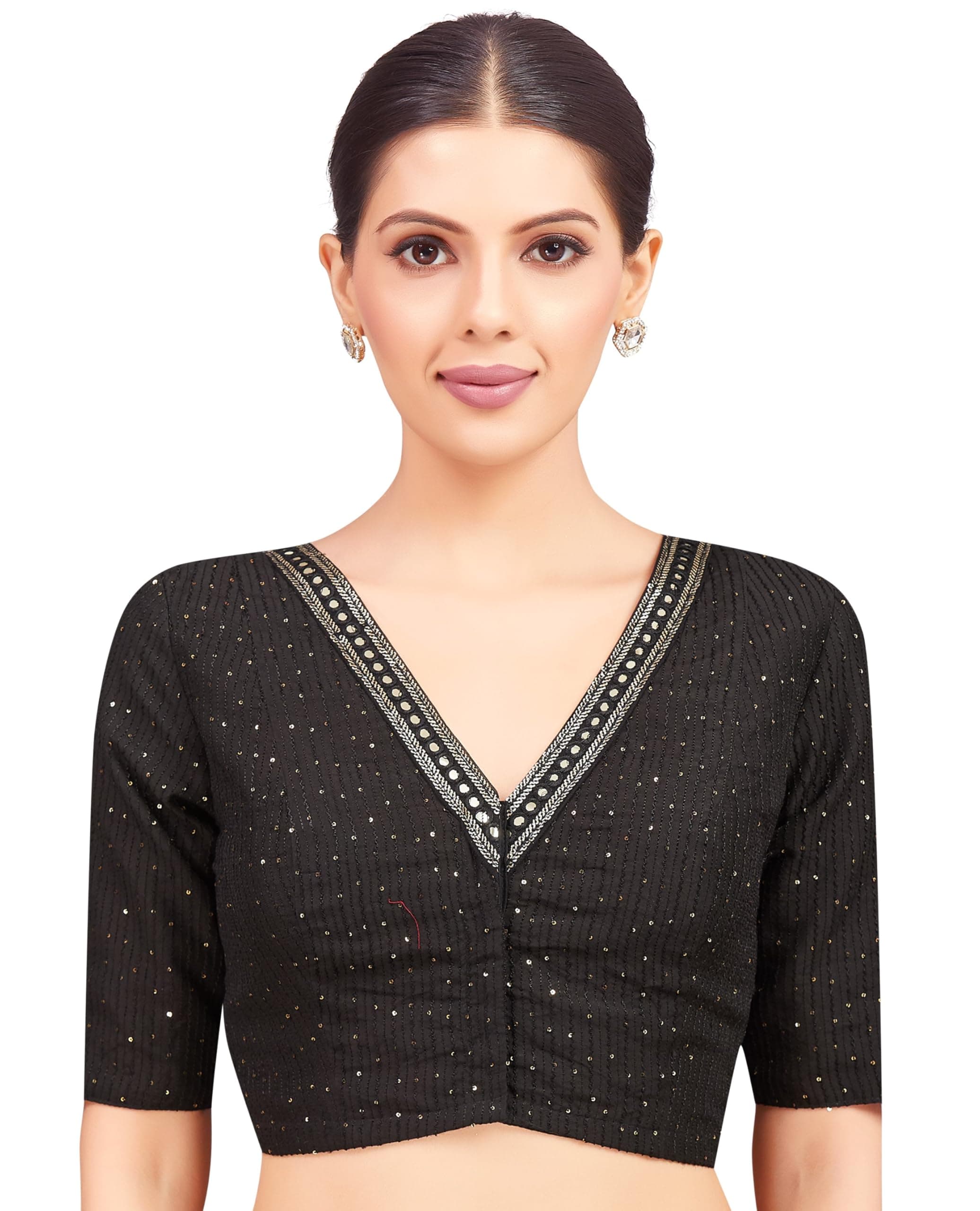 Studio Shringaar Women's Readymade Polyester Elbow Length Sleeves Saree Blouse with Mirror Work
