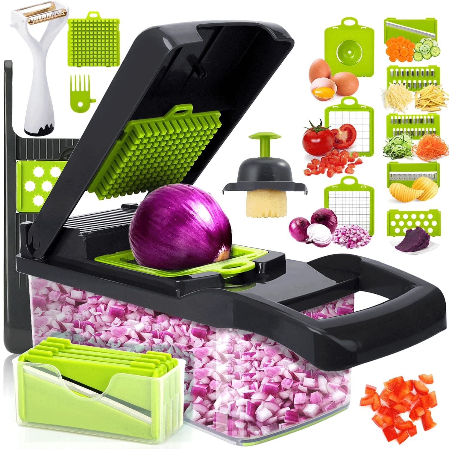 15 in 1 Multifunctional Vegetable Chopper and Slicer With Container - 8 Blades for Fruit, Onion, Carrot, and Garlic