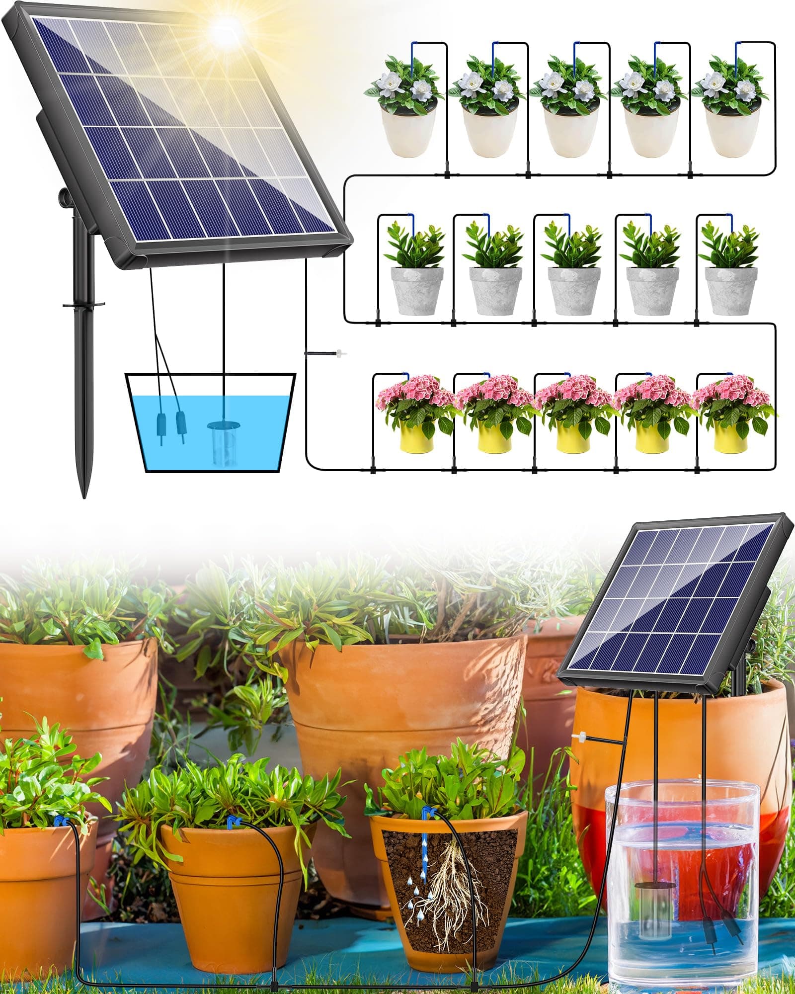 – Solar Automatic Watering System, 15 Drippers Solar Powered Irrigation System 6 Modes Solar Drip Irrigation System Kit for Pot Plants Greenhouse, Garden, Terrace Waterer Outdoor Plant