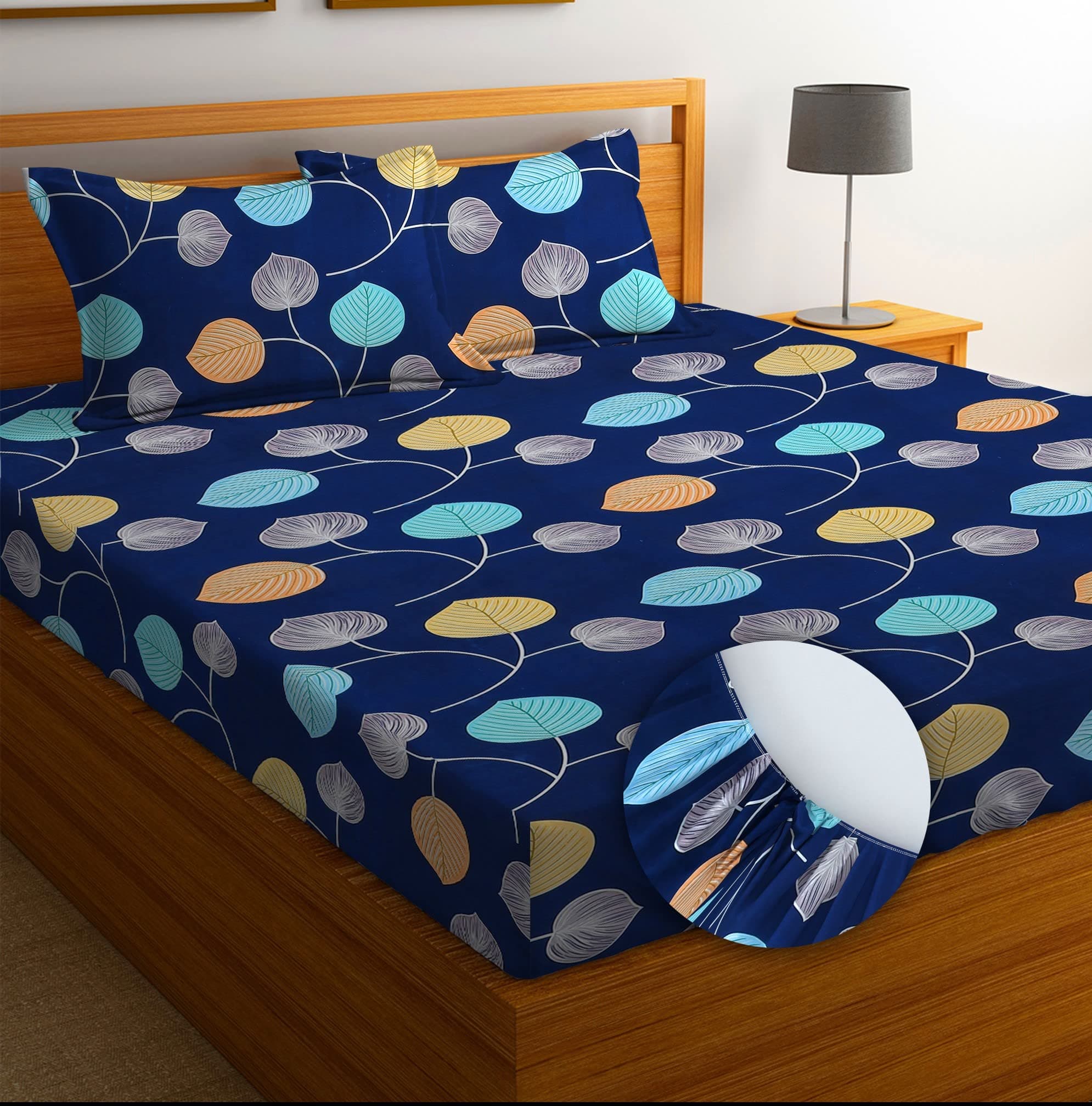 BSB HOME Premium Cotton Feel Elastic Fitted Bedsheets with 2 King Size Pillow Covers | Double Bed with All Around Elastic 180 TC Supersoft | Size - 72 x 78 + 10 inches | Blue & Yellow