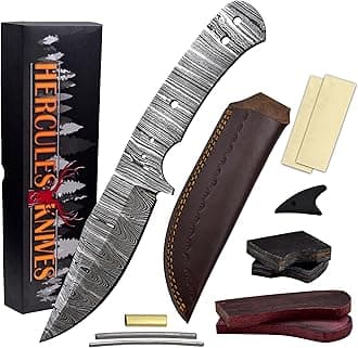 Custom Hand Forged Damascus Steel Blank Blade Knife Making Kit, Leather sheath, Pin, Scale, DIY Hunting, Camping Blade Damascus Blade Billet Knife Making Supply (BK-B)