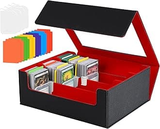 Trading Card Storage Box - 2400+ Commander Card Deck Case with See-through Display Top for Magic the Gathering TCG YuGiOh, TCG MTG PTCG Box with 12 Dividers 4 Supporters, Black and Red