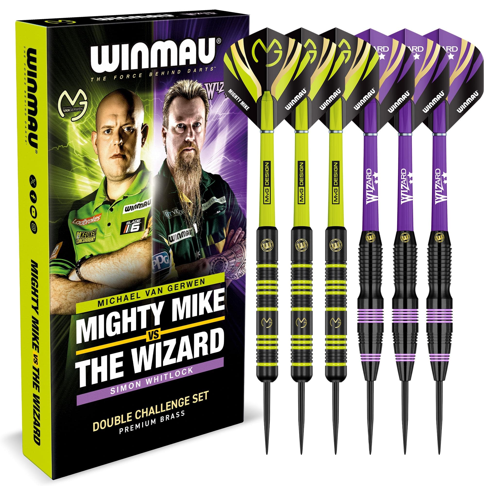 WINMAU Darts Michael 'MvG' Van Gerwen Vs Simon 'The Wizard' Whitlock | Twin Set | 22g Steeltip Brass Darts with Flights and Shafts (Stems)